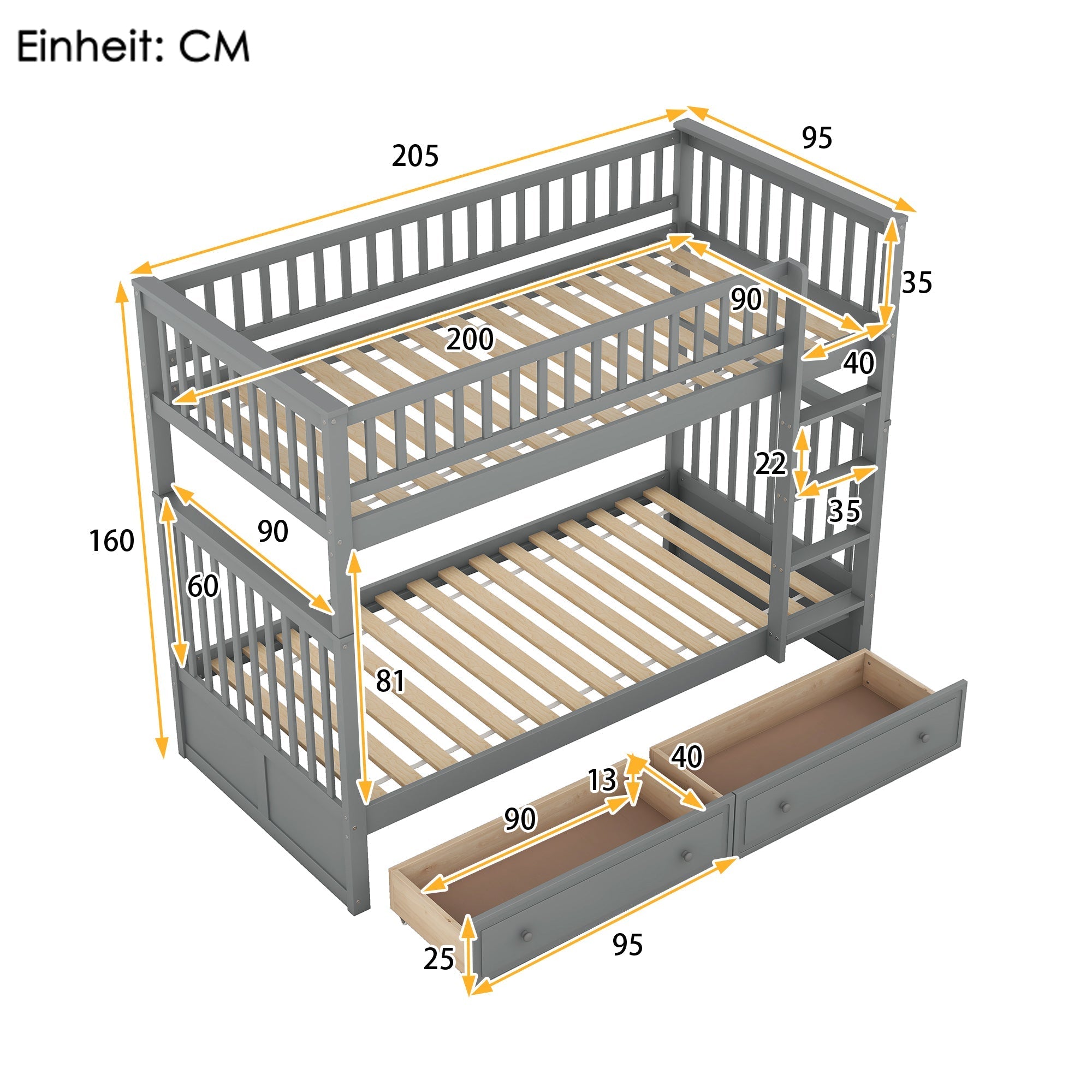 Bunk Bed 90x200cm Convertible Functional with Drawers - Grey