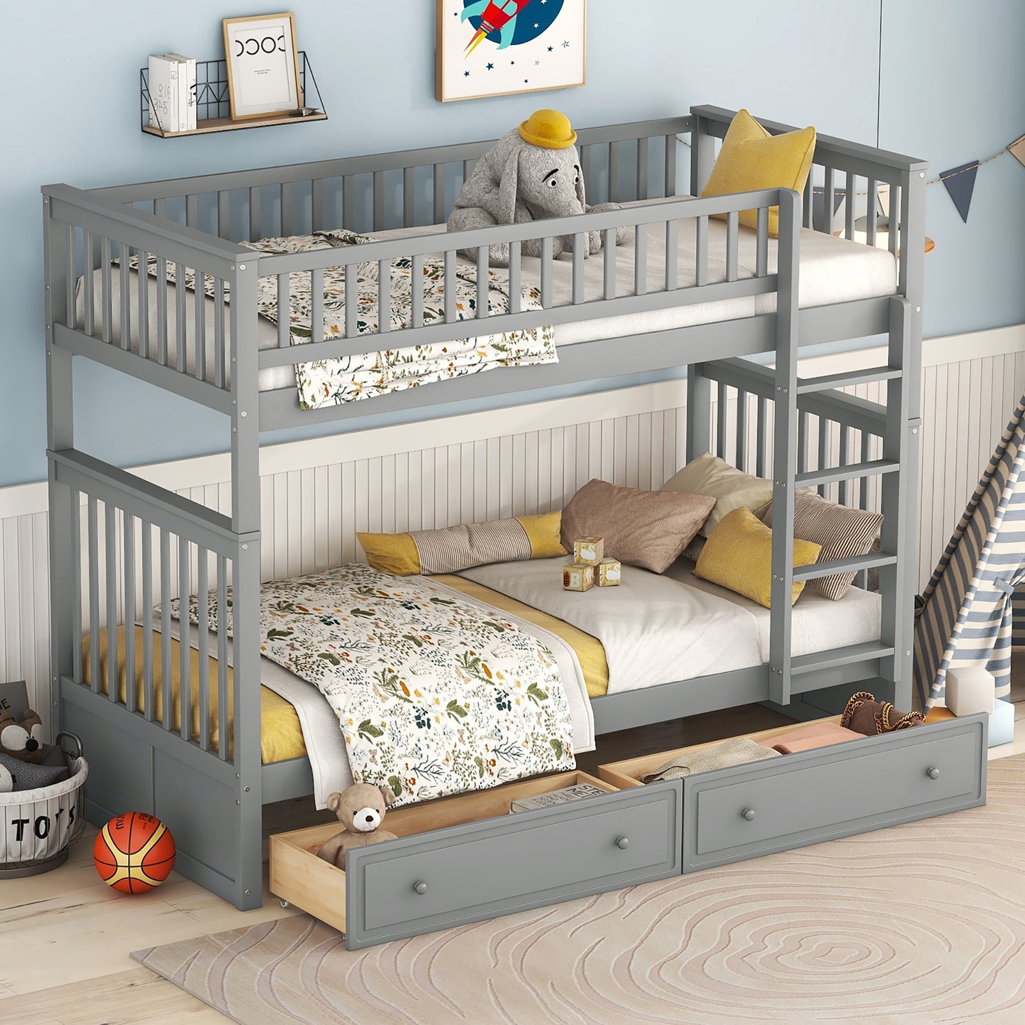 Bunk Bed 90x200cm Convertible Functional with Drawers - Grey