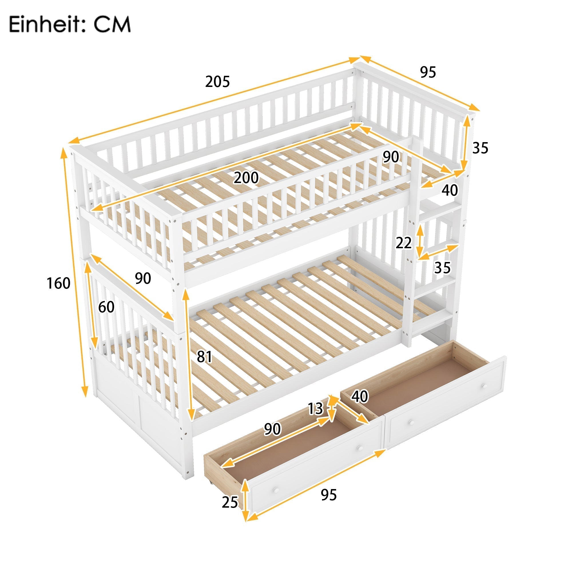 Bunk Bed 90x200cm Convertible with Drawers - White