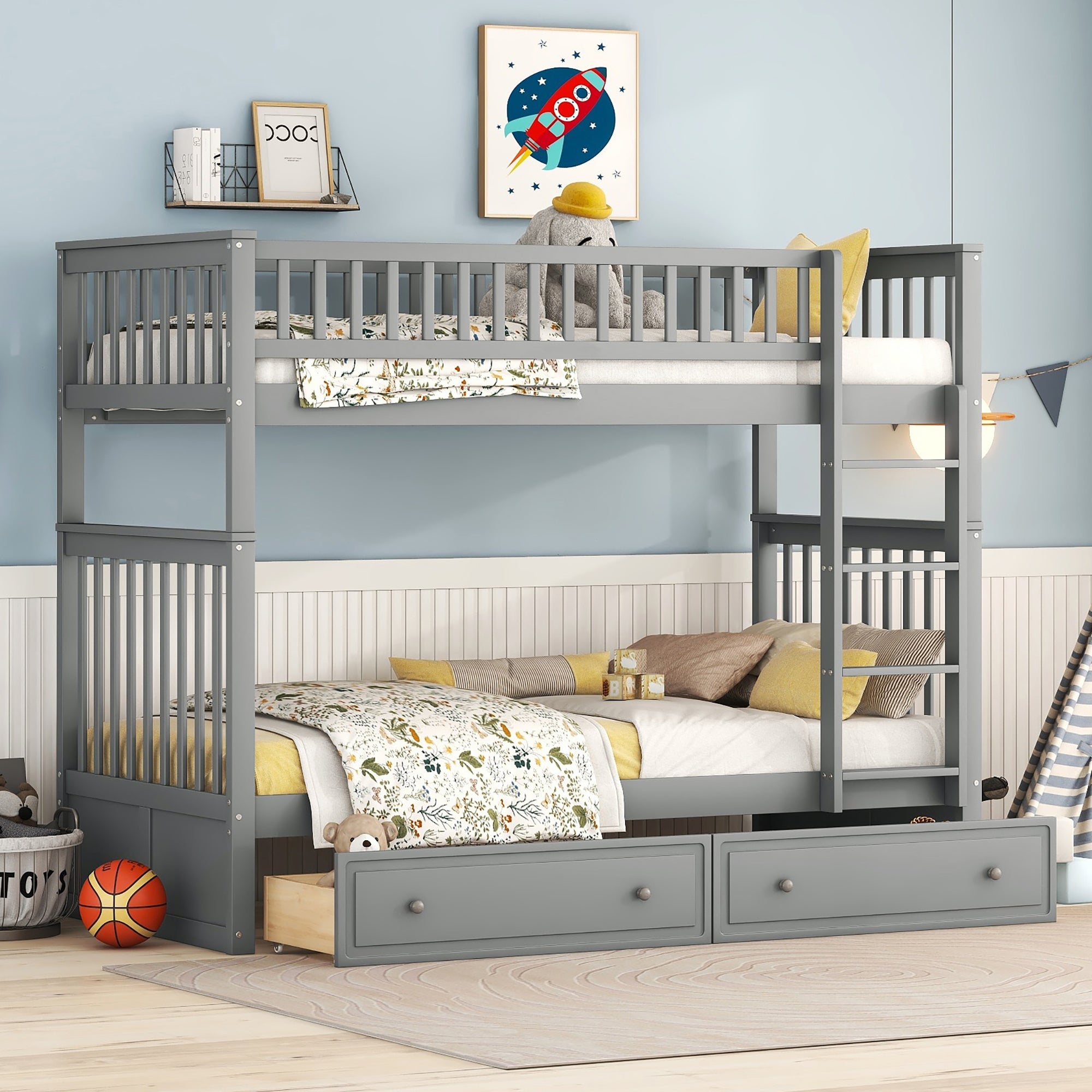 Bunk Bed 90x200cm Convertible Functional with Drawers - Grey