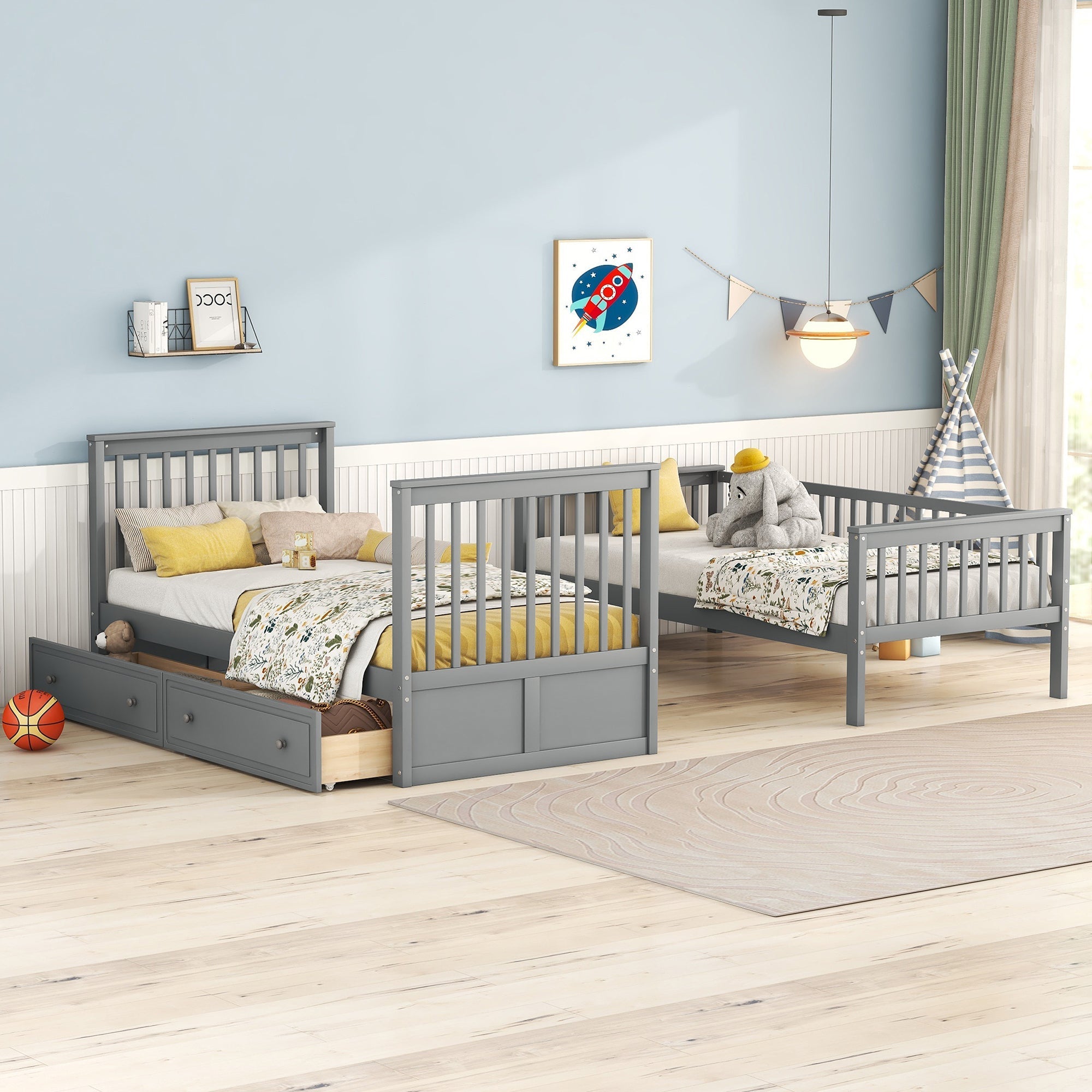 Bunk Bed 90x200cm Convertible Functional with Drawers - Grey
