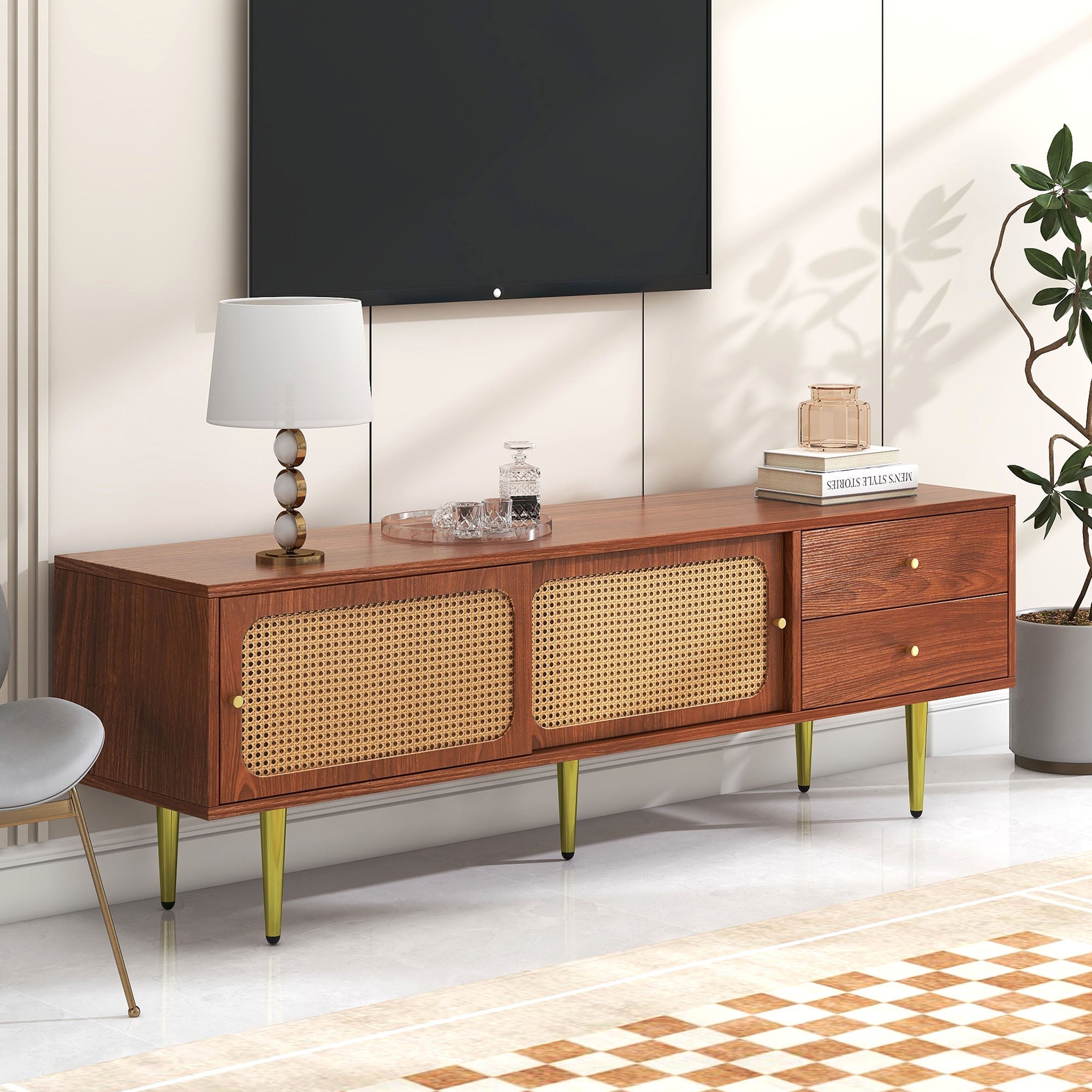 TV Stand with Rattan Sliding Doors & Drawers, Walnut