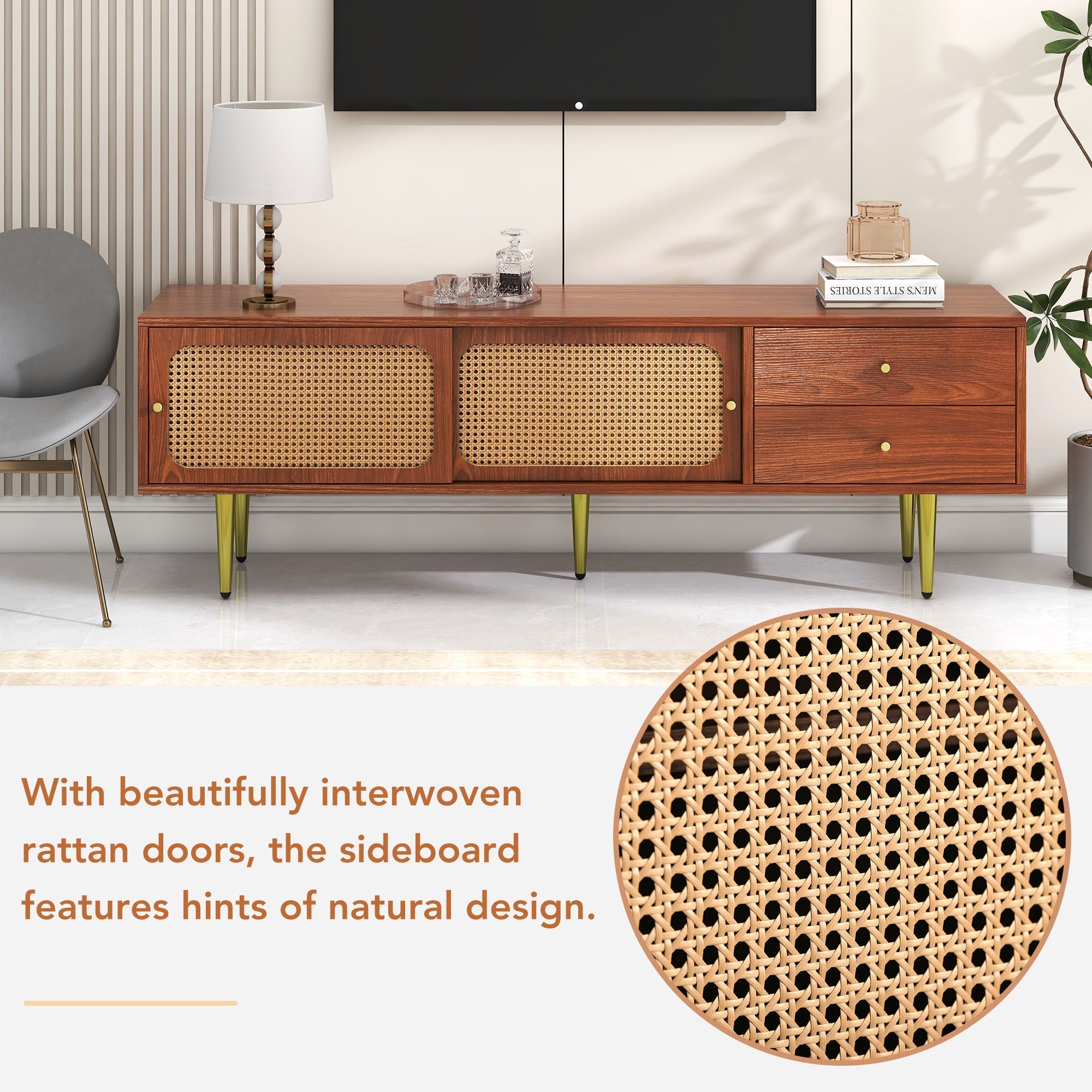 TV Stand with Rattan Sliding Doors & Drawers, Walnut