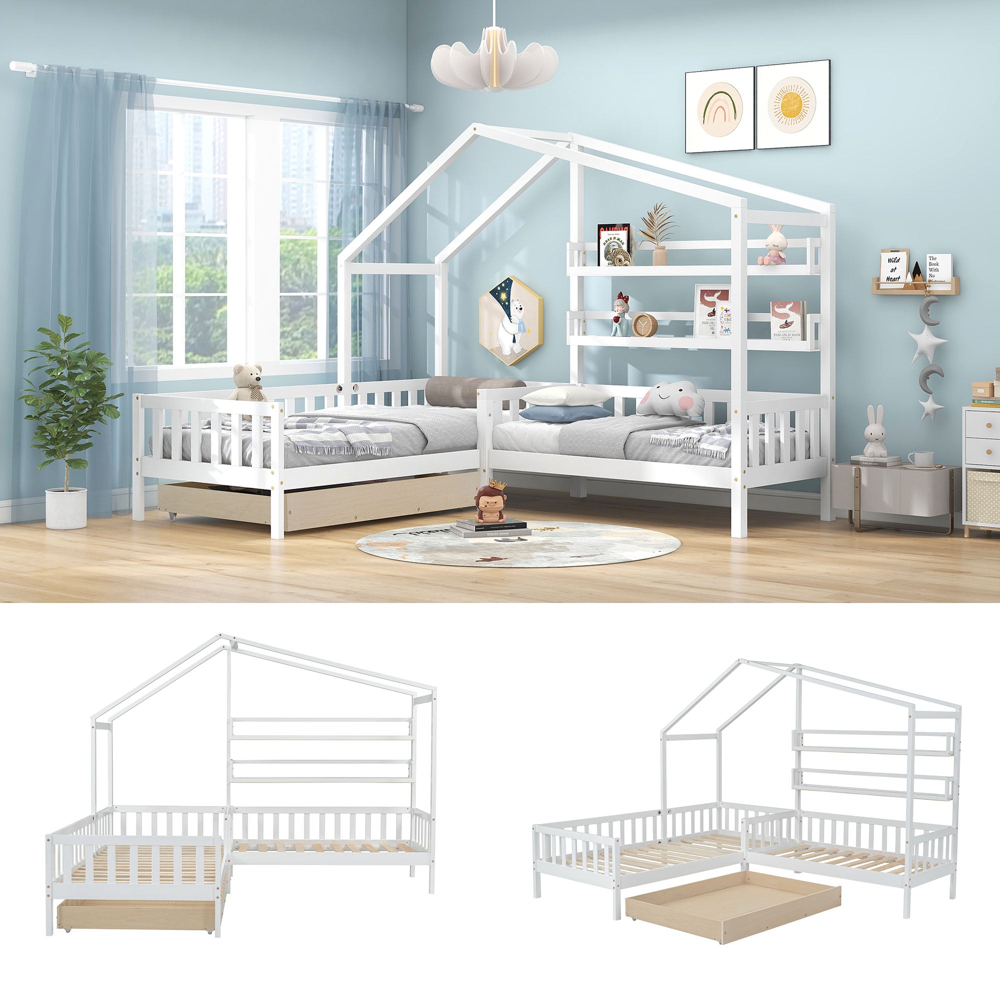 Children's House Bed with Drawers & Shelves, L-Shaped Solid Wood, White