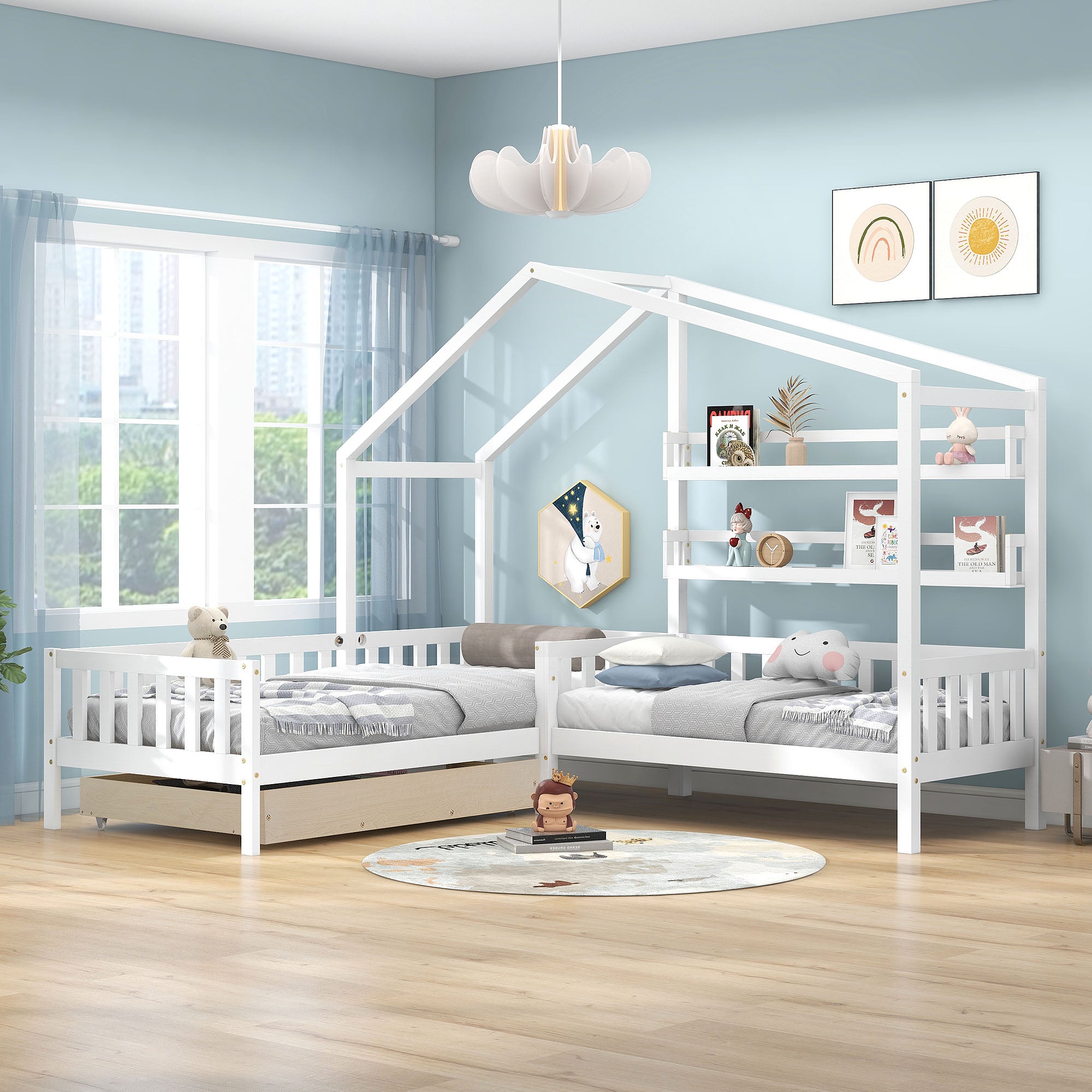 Children's House Bed with Drawers & Shelves, L-Shaped Solid Wood, White