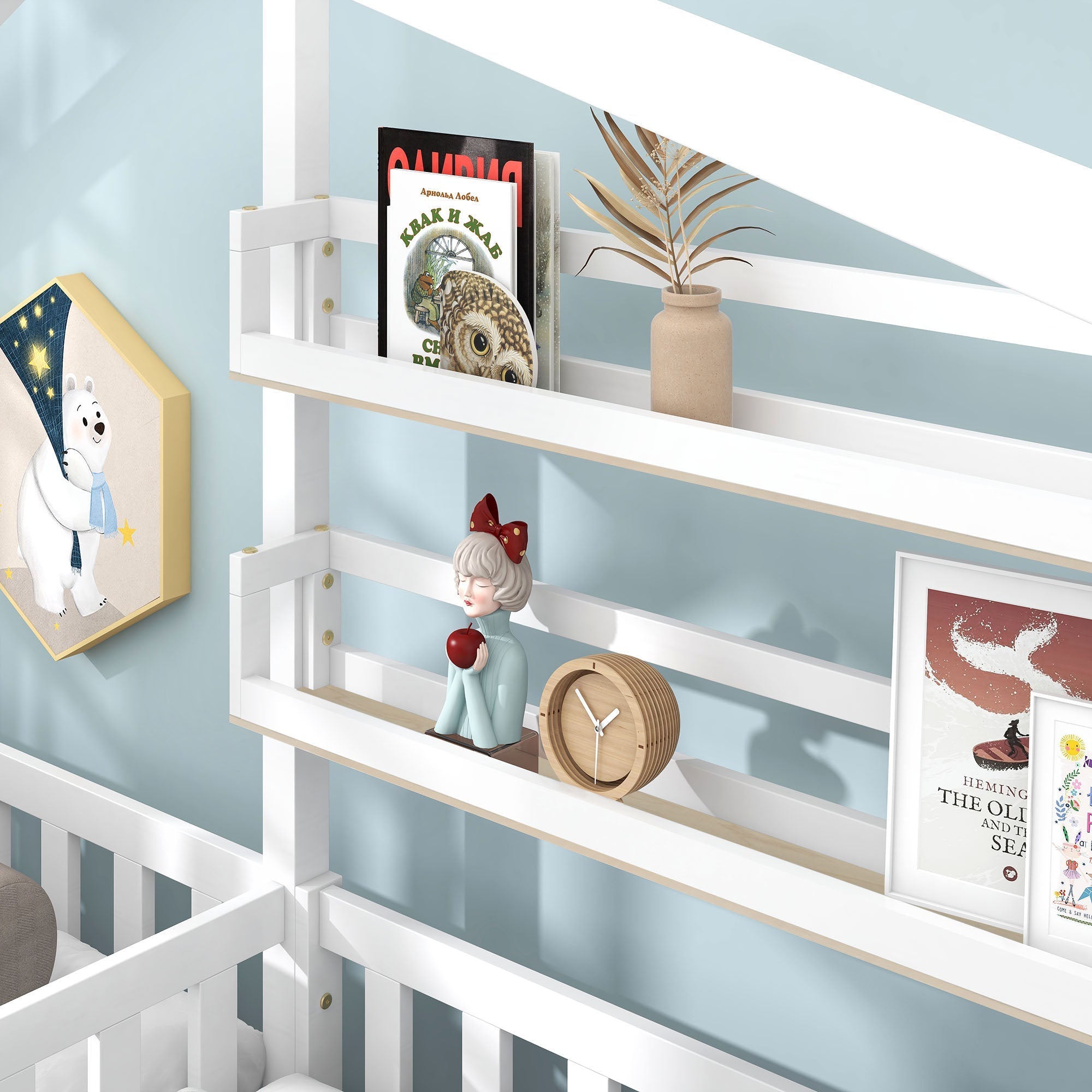 Children's House Bed with Drawers & Shelves, L-Shaped Solid Wood, White