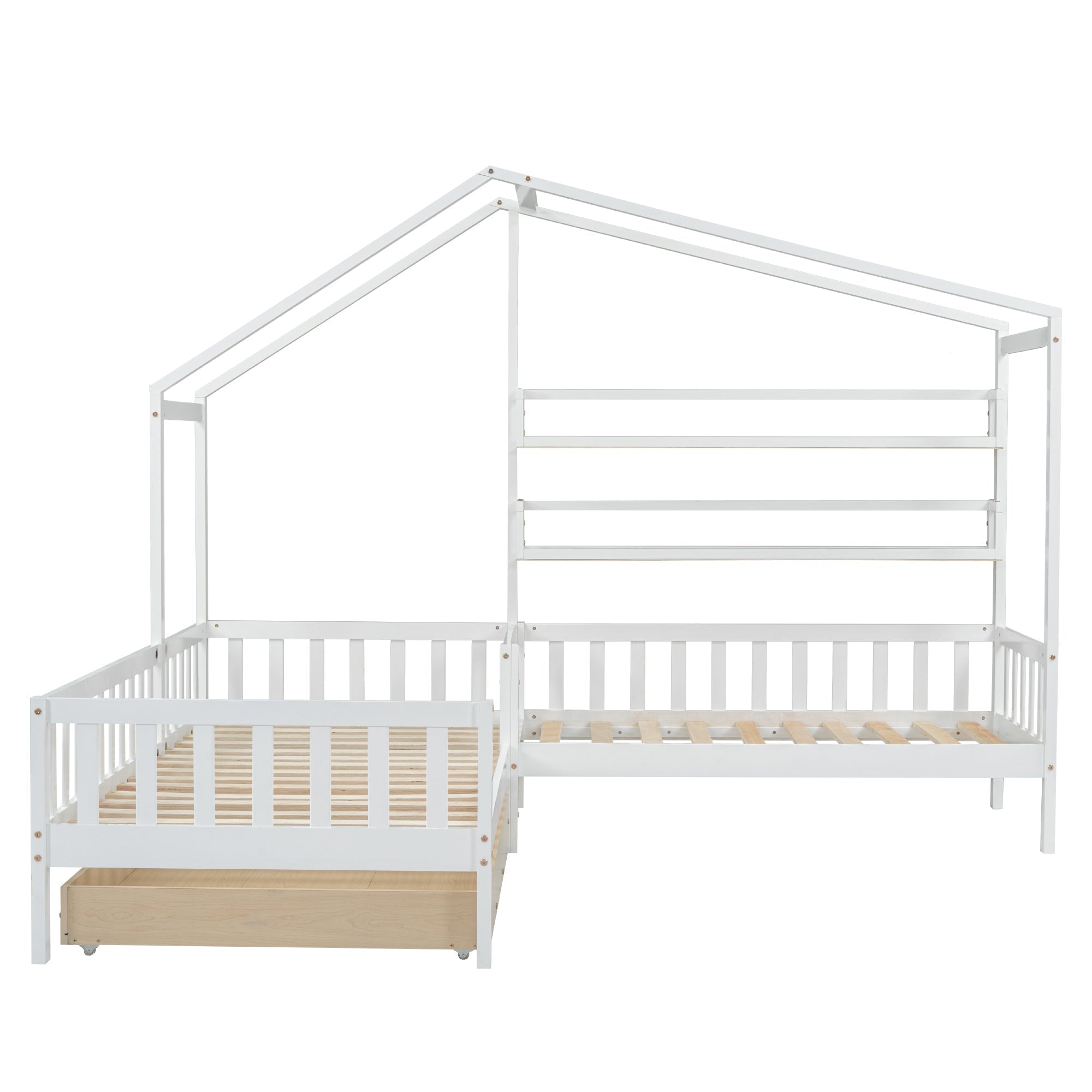 Children's House Bed with Drawers & Shelves, L-Shaped Solid Wood, White