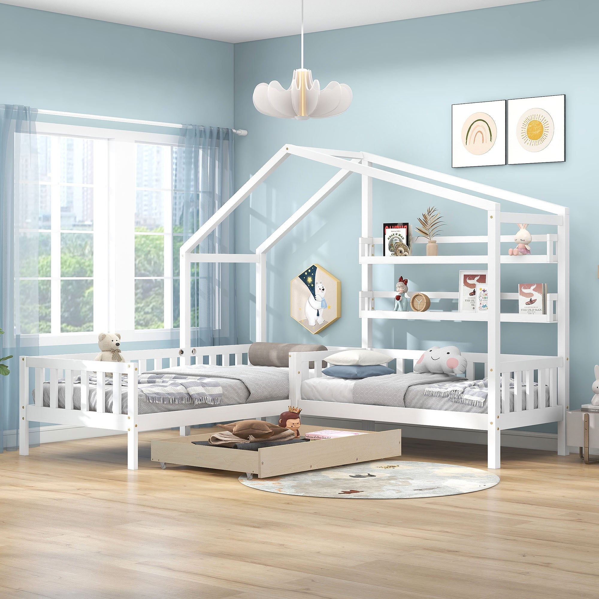Children's House Bed with Drawers & Shelves, L-Shaped Solid Wood, White