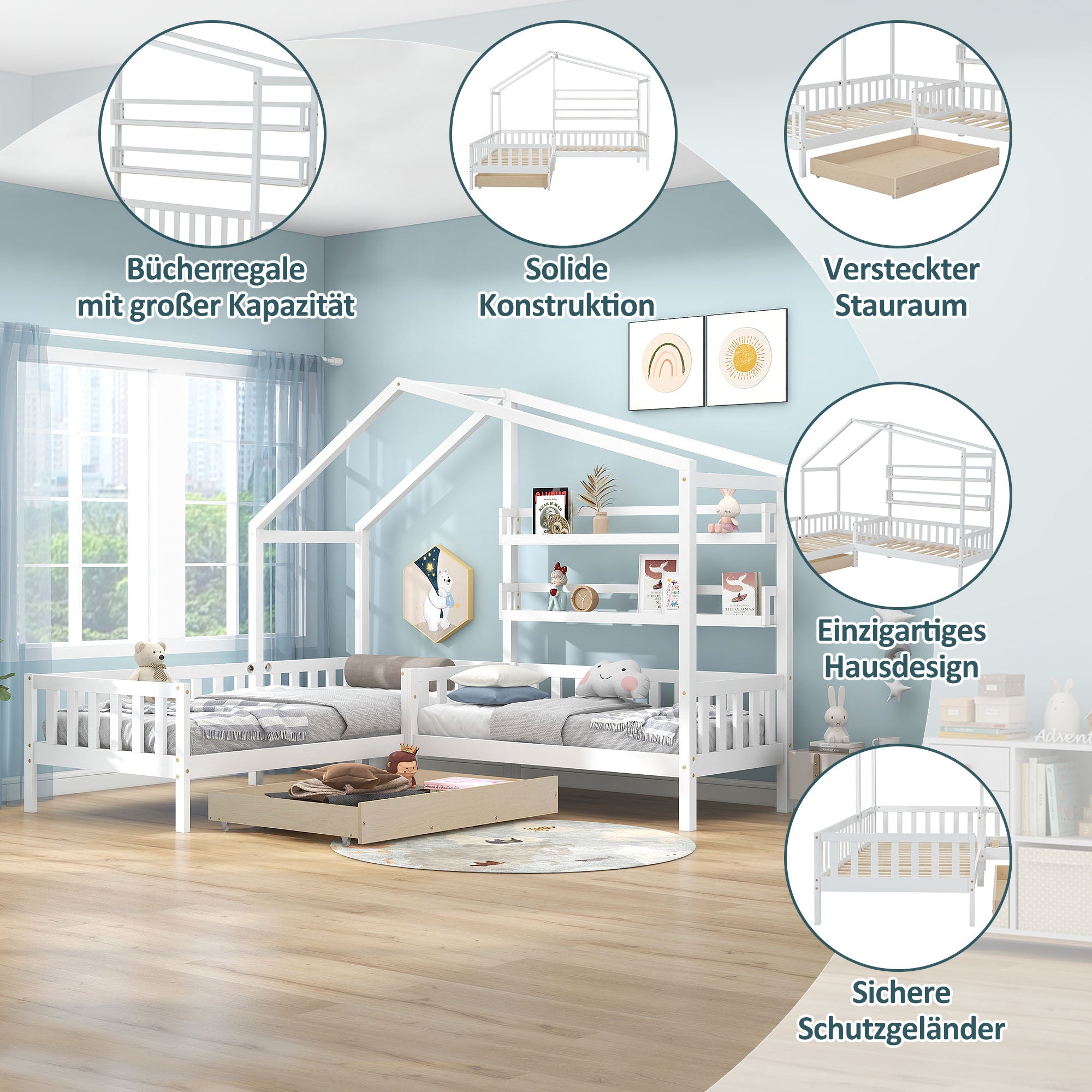 Children's House Bed with Drawers & Shelves, L-Shaped Solid Wood, White