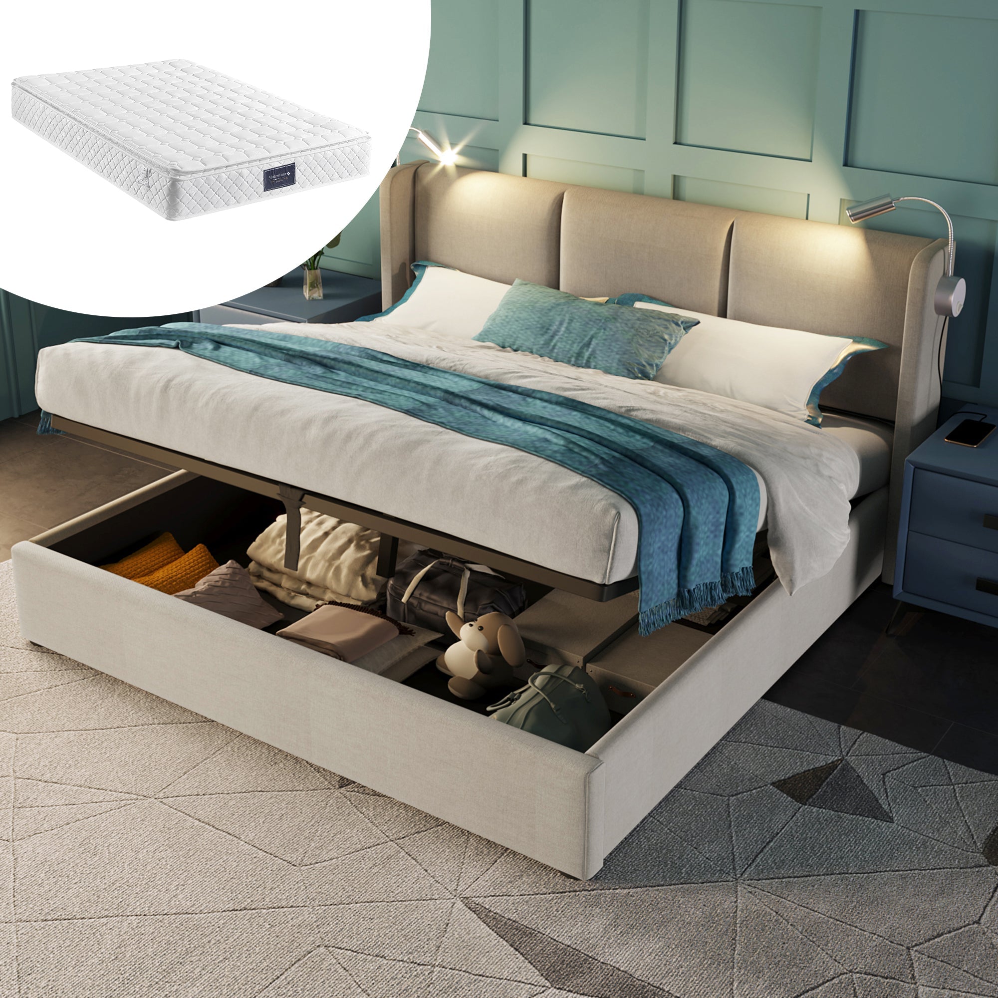 Upholstered Double Bed 160x200 Storage USB Reading Light Linen