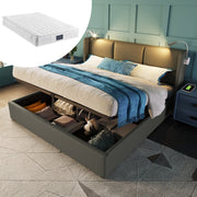 Upholstered Double Bed 140x200 Storage USB Headboard with Slatted Base, PU