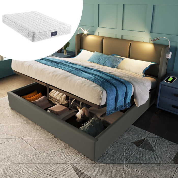 Upholstered Double Bed 140x200 Storage USB Headboard with Slatted Base, PU