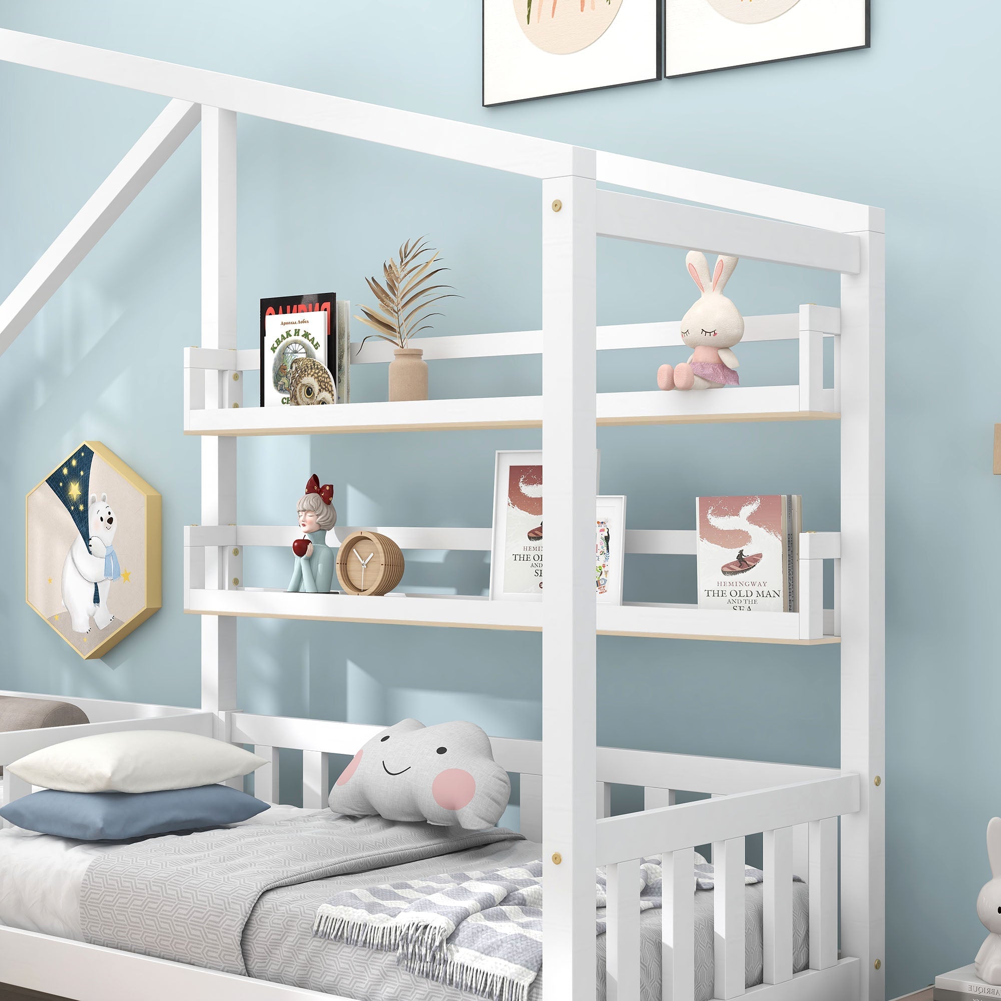 Children's House Bed with Drawers & Shelves, L-Shaped Solid Wood, White