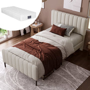 Upholstered Single Bed, 90x200cm Adjustable Headboard, Grey-Beige Linen
