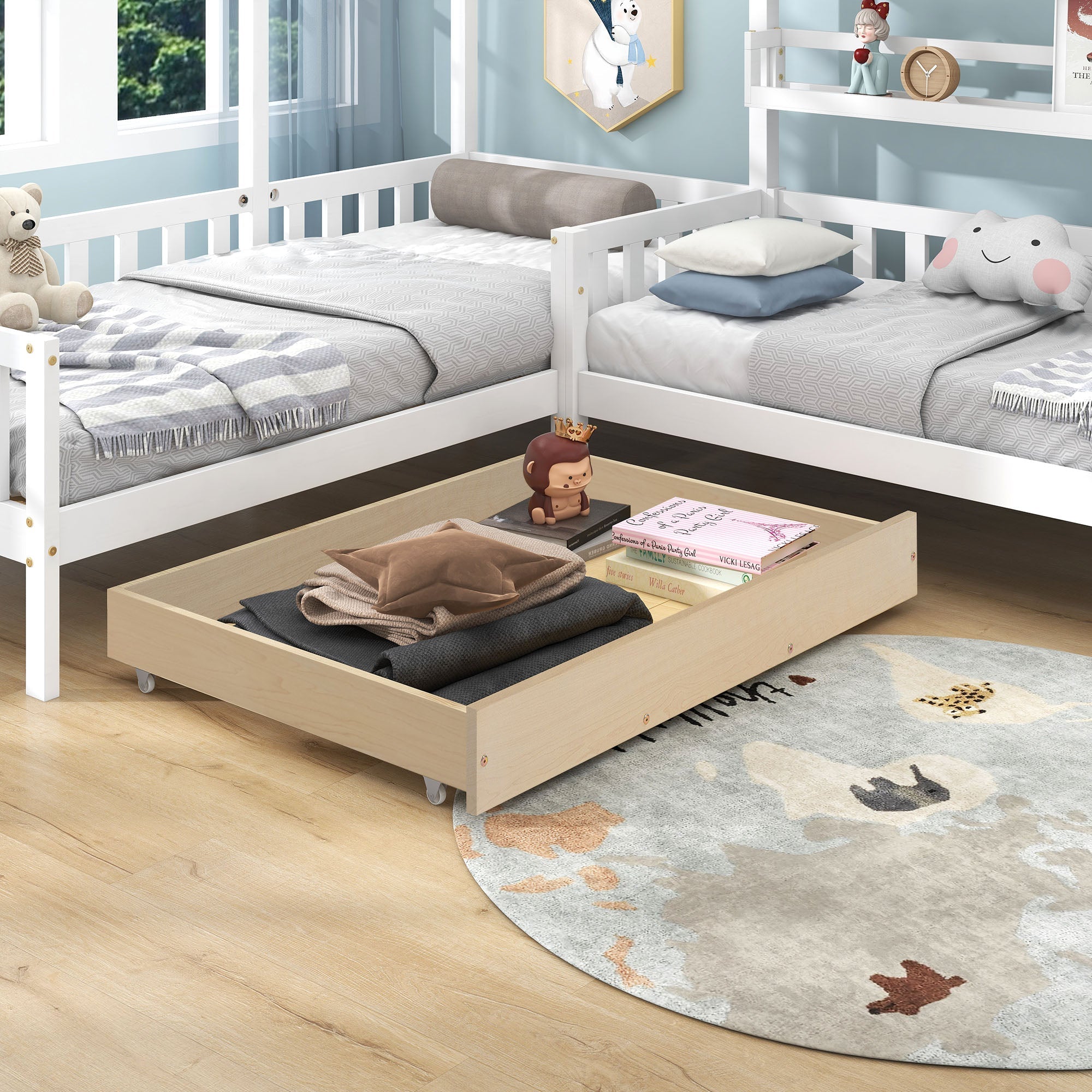Children's House Bed with Drawers & Shelves, L-Shaped Solid Wood, White