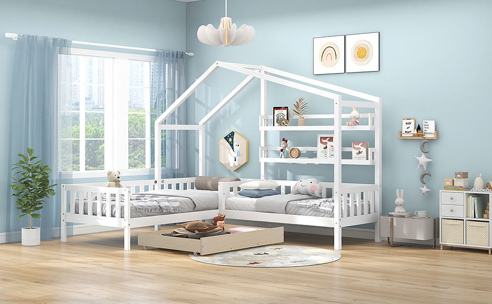 Children's House Bed with Drawers & Shelves, L-Shaped Solid Wood, White