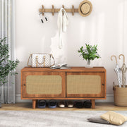 Rattan Shoe Cabinet with Adjustable Shelf, 2 Doors, Walnut Finish