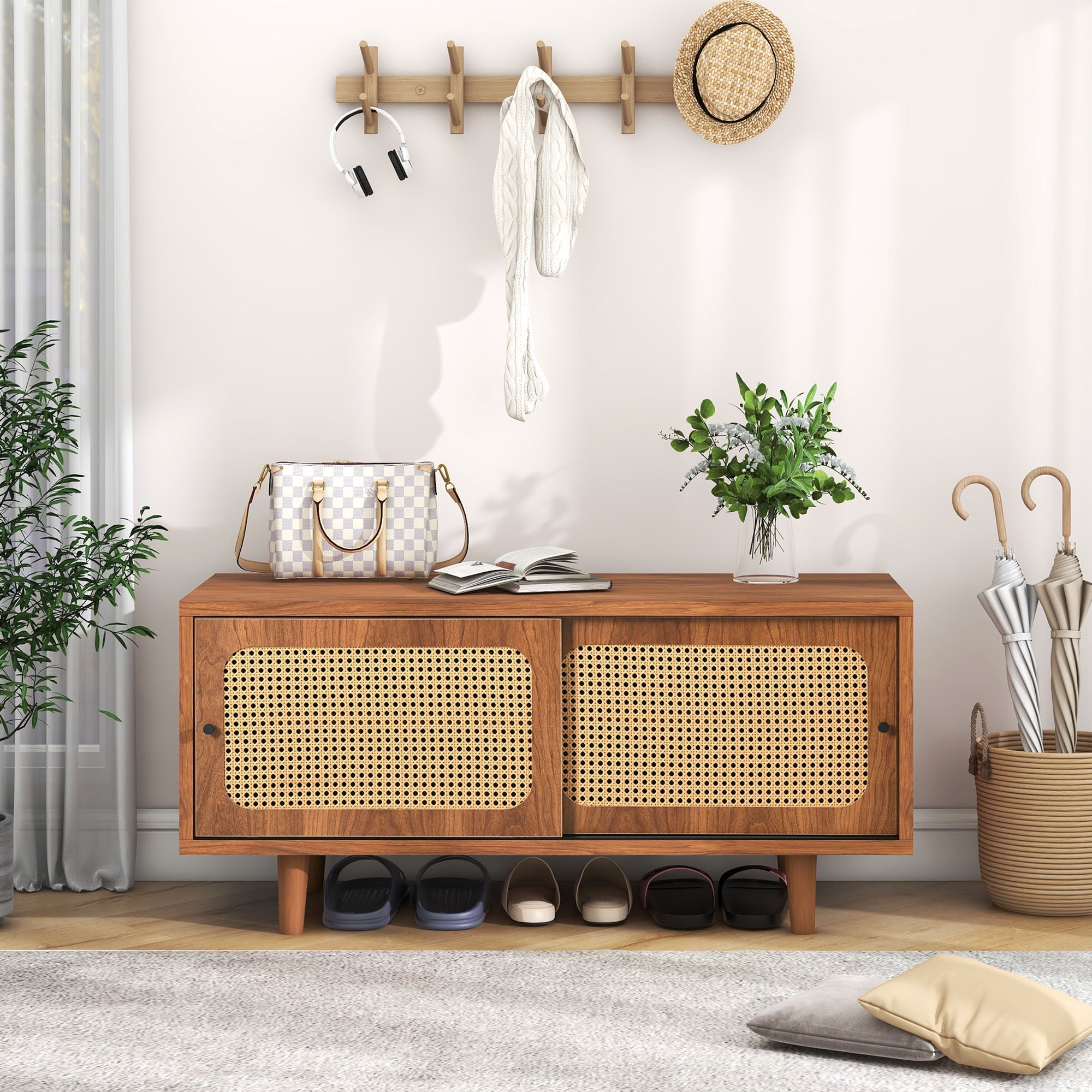 Rattan Shoe Cabinet with Adjustable Shelf, 2 Doors, Walnut Finish