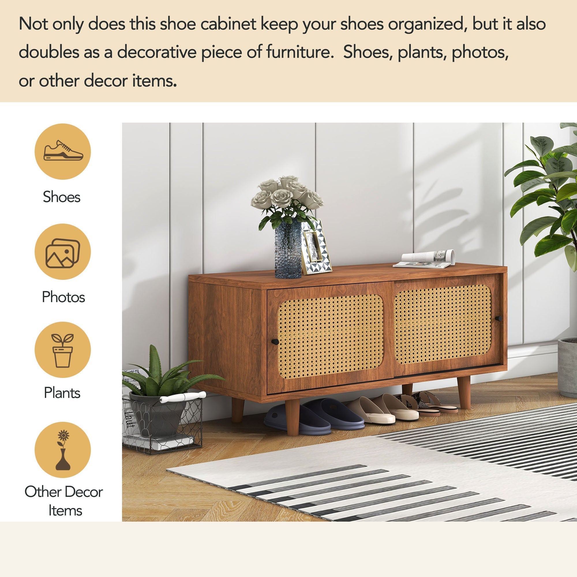 Rattan Sideboard Set, Living Room Chest & Shoe Cabinet, Walnut