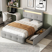 Upholstered Bed, 90x200cm, LED Lights, 2 Drawers, Linen Grey