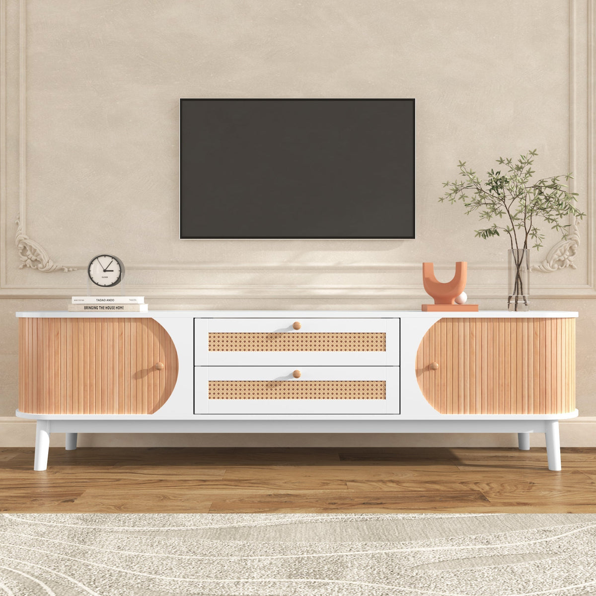 TV Cabinet Wood Blend, Doors Drawers Rattan Sides, Natural Country Style