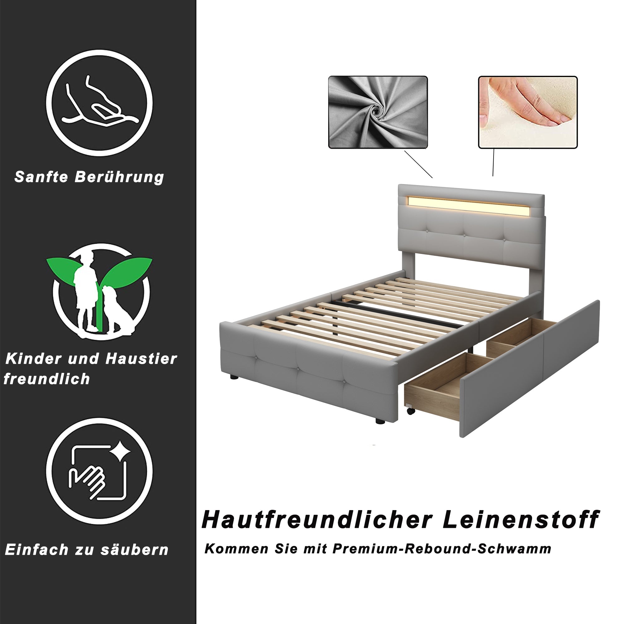 Upholstered Bed, 90x200cm, LED Lights, 2 Drawers, Linen Grey