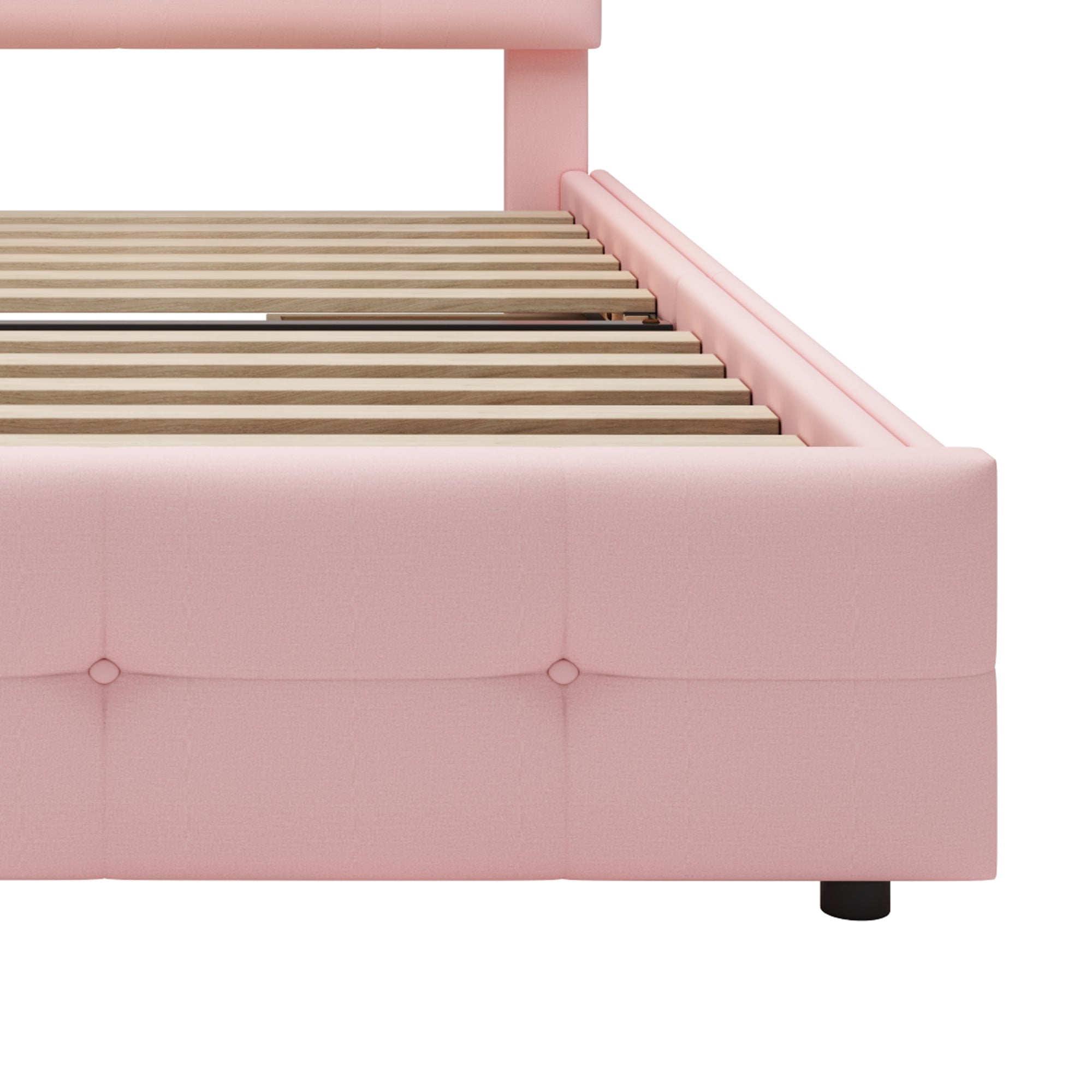 Upholstered Bed, Single with LED Lights & 2 Drawers, Linen Pink