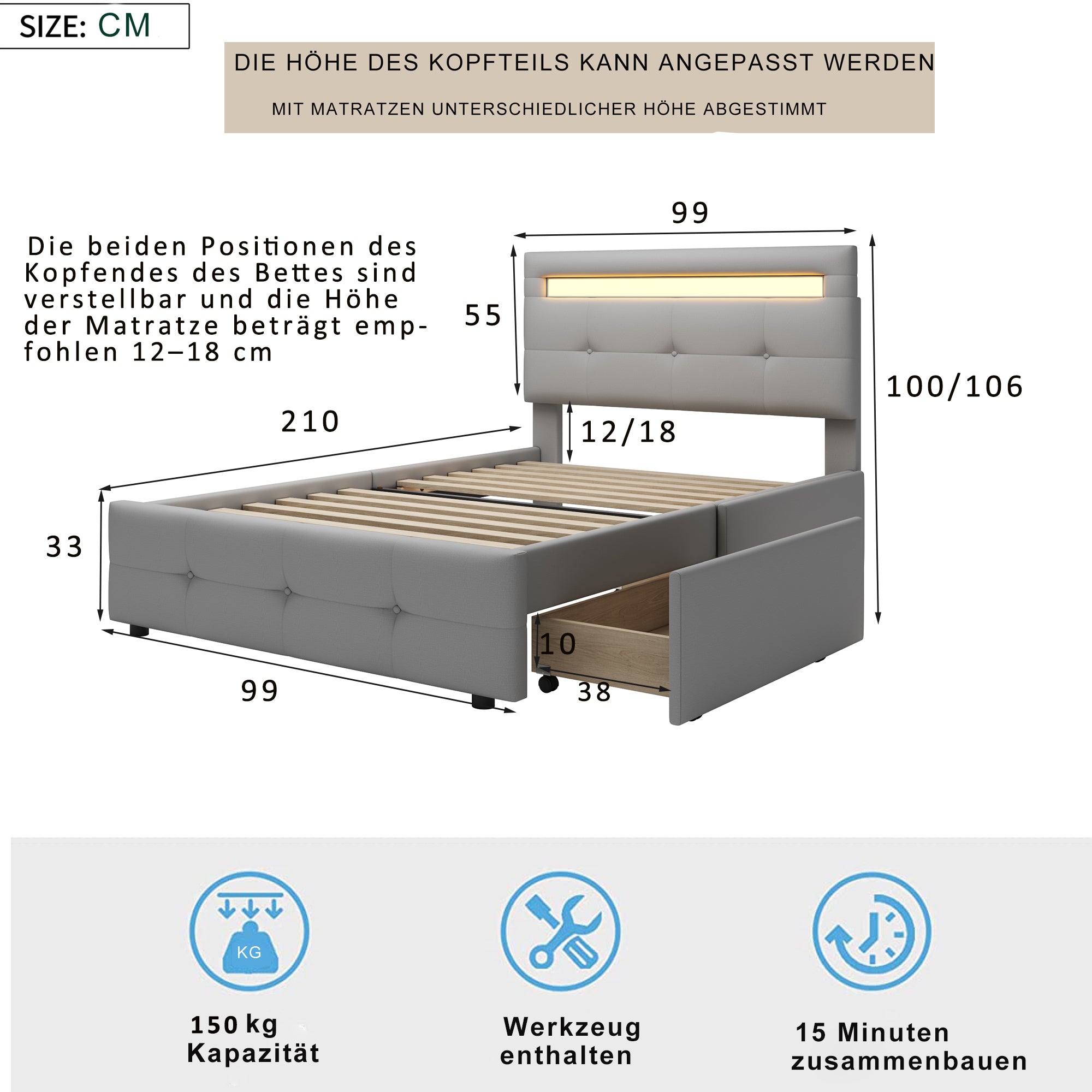 Upholstered Bed, 90x200cm, LED Lights, 2 Drawers, Linen Grey
