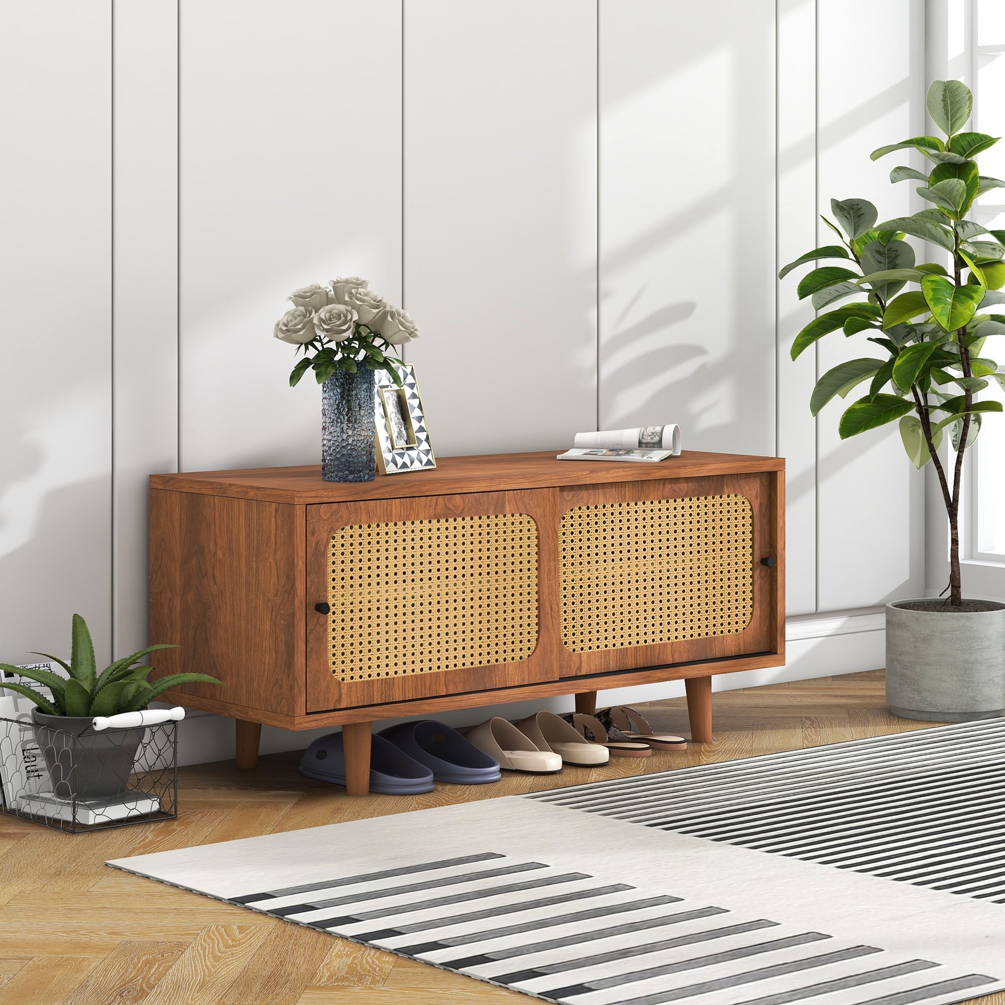 Rattan Shoe Cabinet with Adjustable Shelf, 2 Doors, Walnut Finish