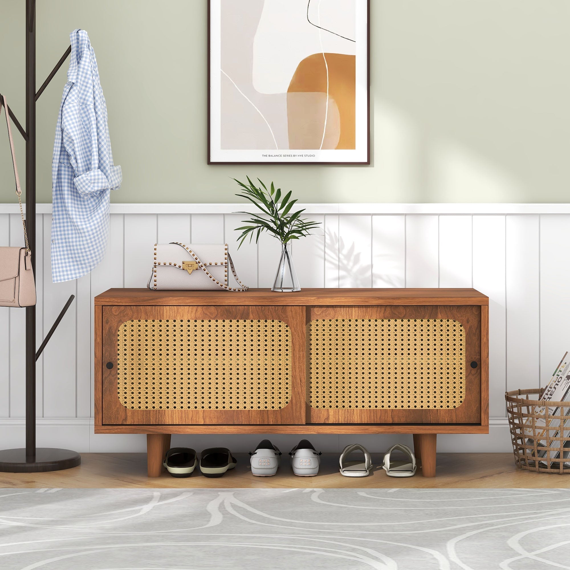 Rattan Shoe Cabinet with Adjustable Shelf, 2 Doors, Walnut Finish