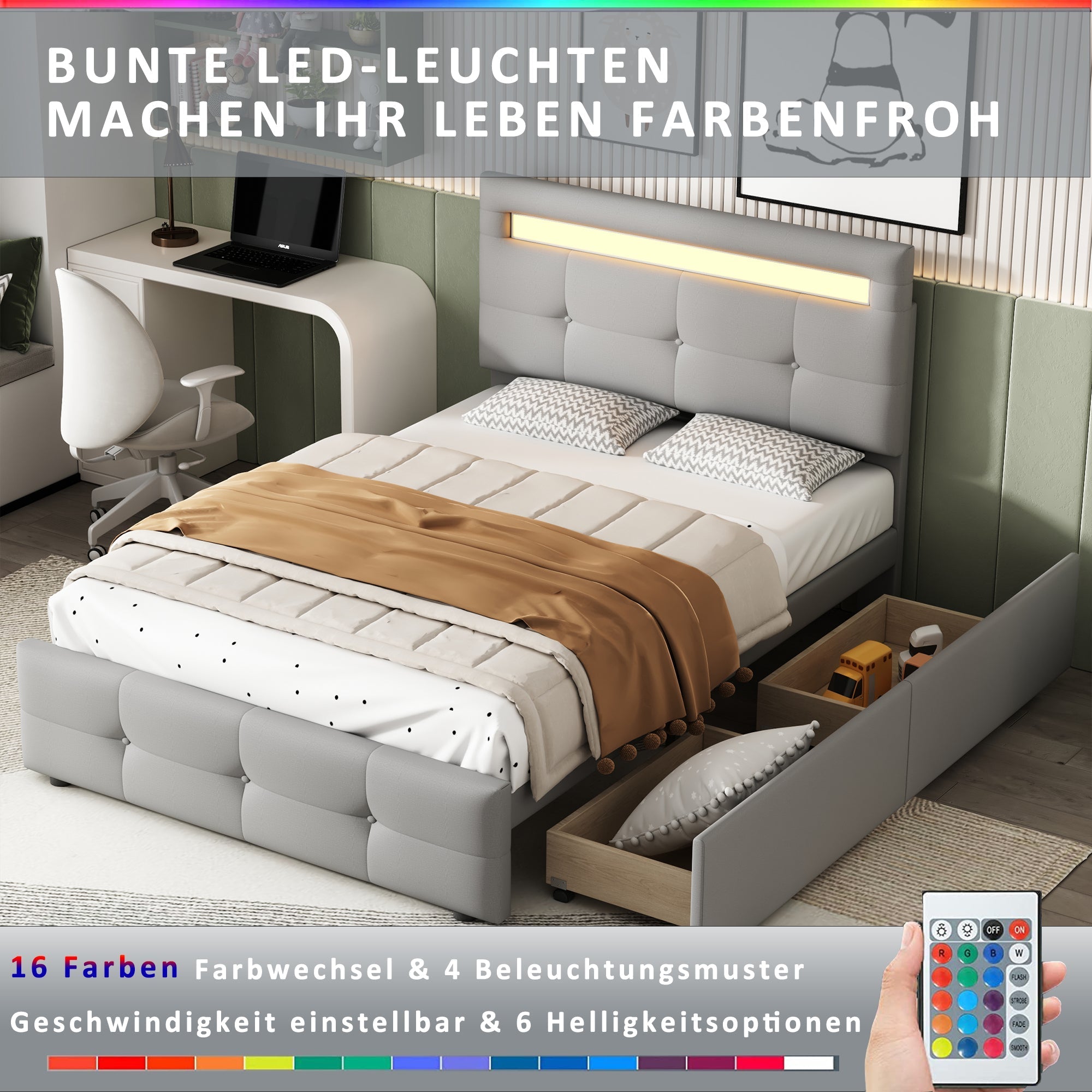 Upholstered Bed, 90x200cm, LED Lights, 2 Drawers, Linen Grey