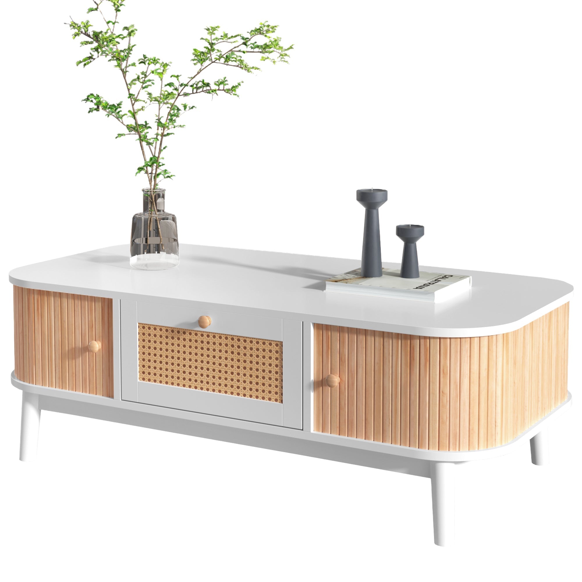 Coffee table rattan, drawers with rattan and solid wood slats, solid wood legs, natural country style.