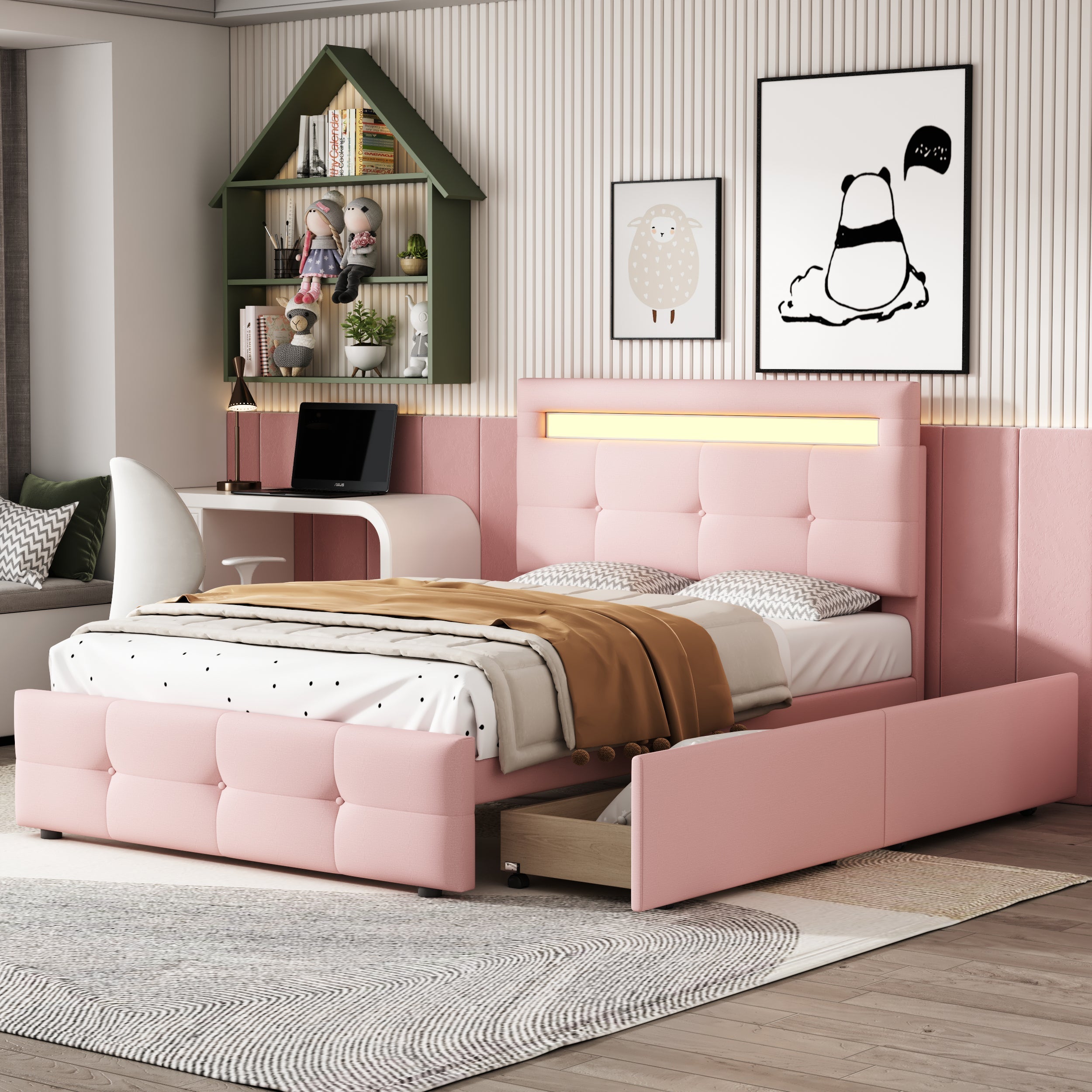 Upholstered Bed, Single with LED Lights & 2 Drawers, Linen Pink