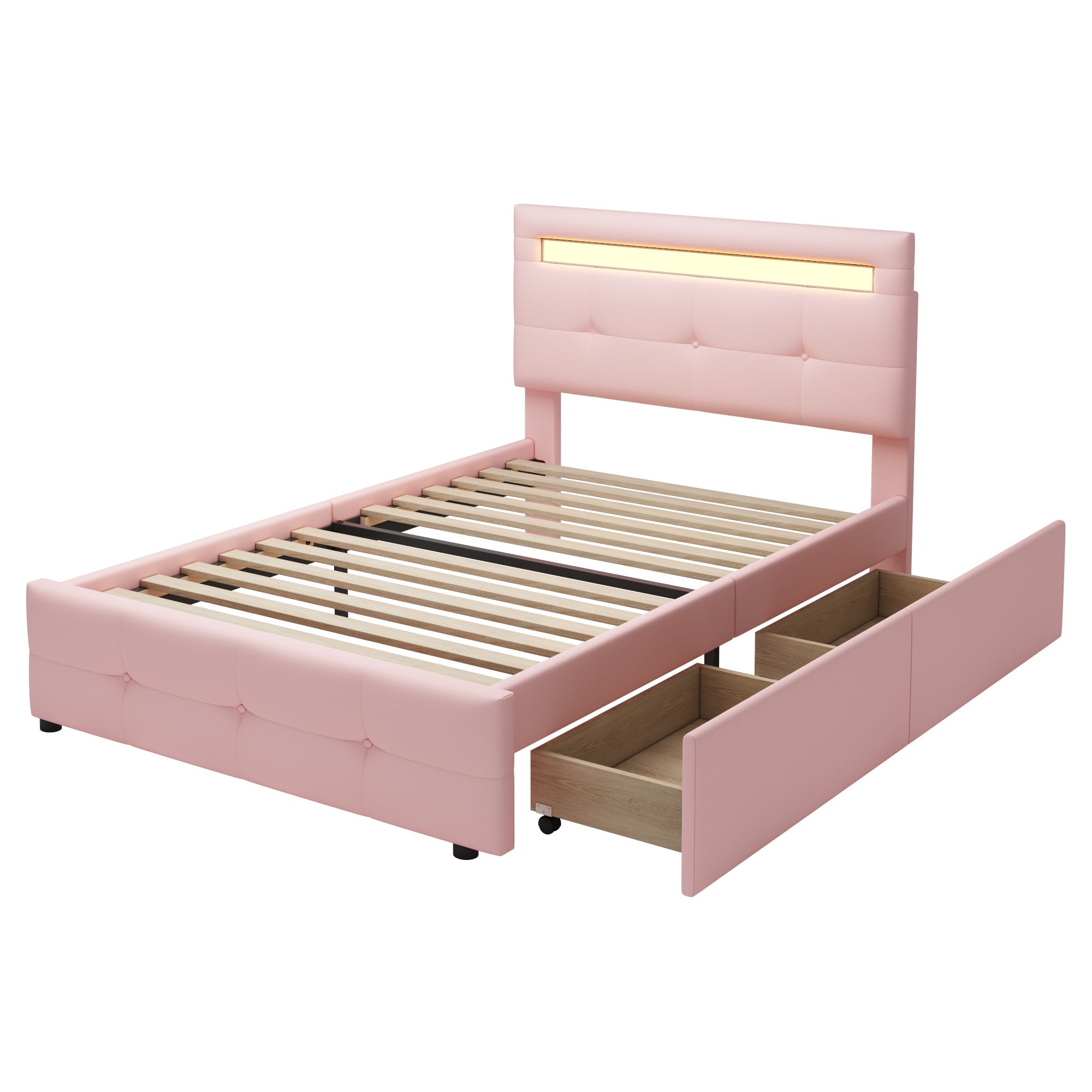 Upholstered Bed, Single with LED Lights & 2 Drawers, Linen Pink