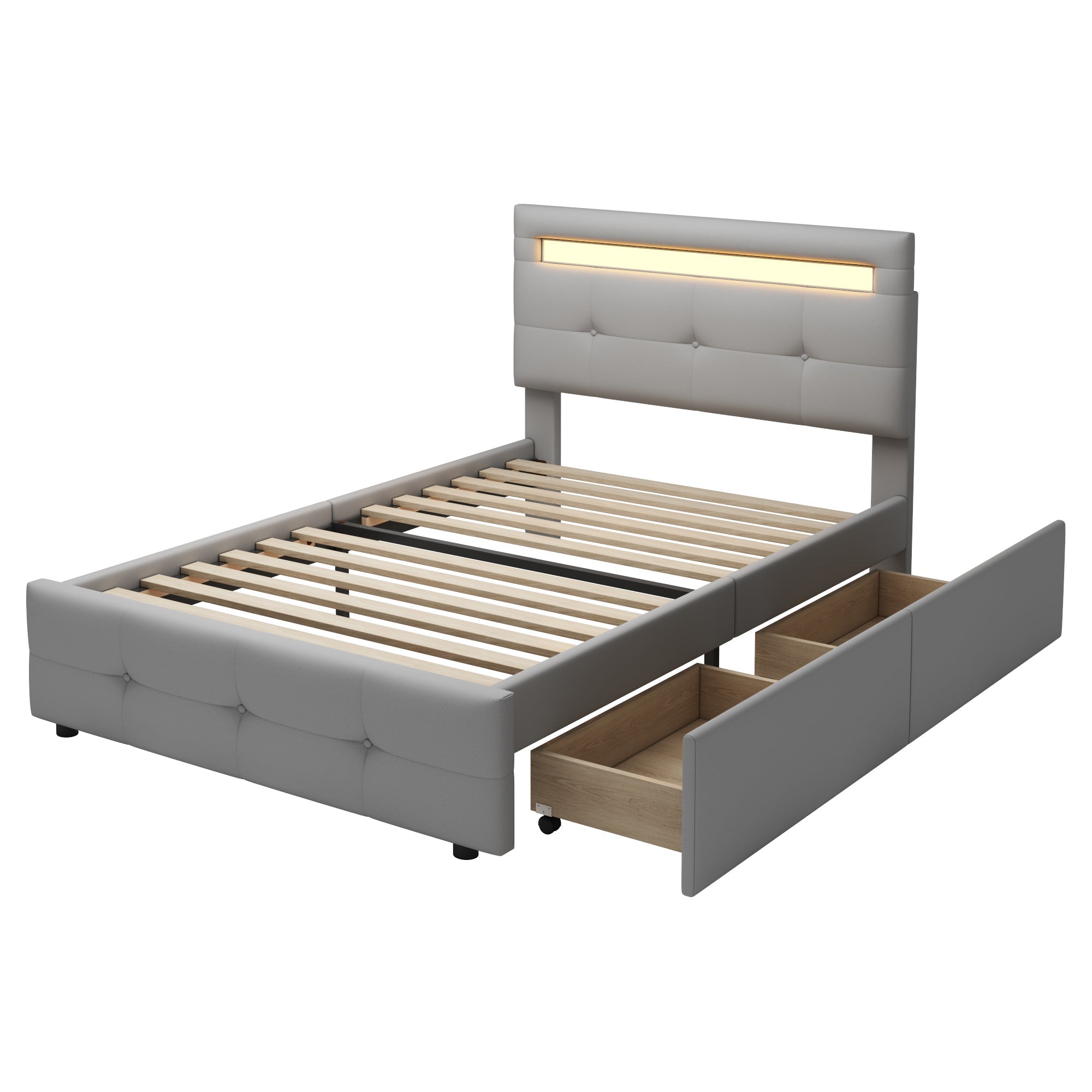 Upholstered Bed, 90x200cm, LED Lights, 2 Drawers, Linen Grey