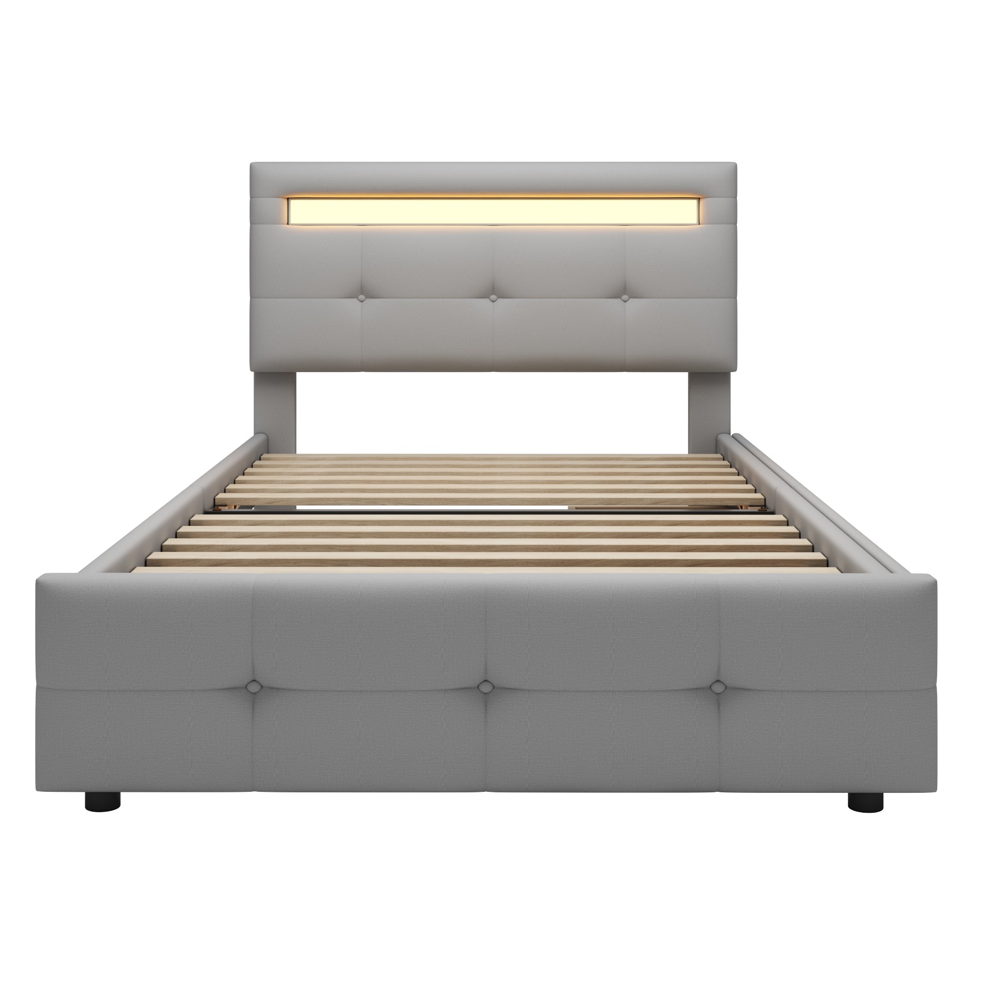 Upholstered Bed, 90x200cm, LED Lights, 2 Drawers, Linen Grey