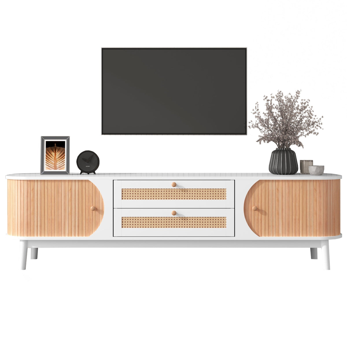 TV Cabinet Wood Blend, Doors Drawers Rattan Sides, Natural Country Style