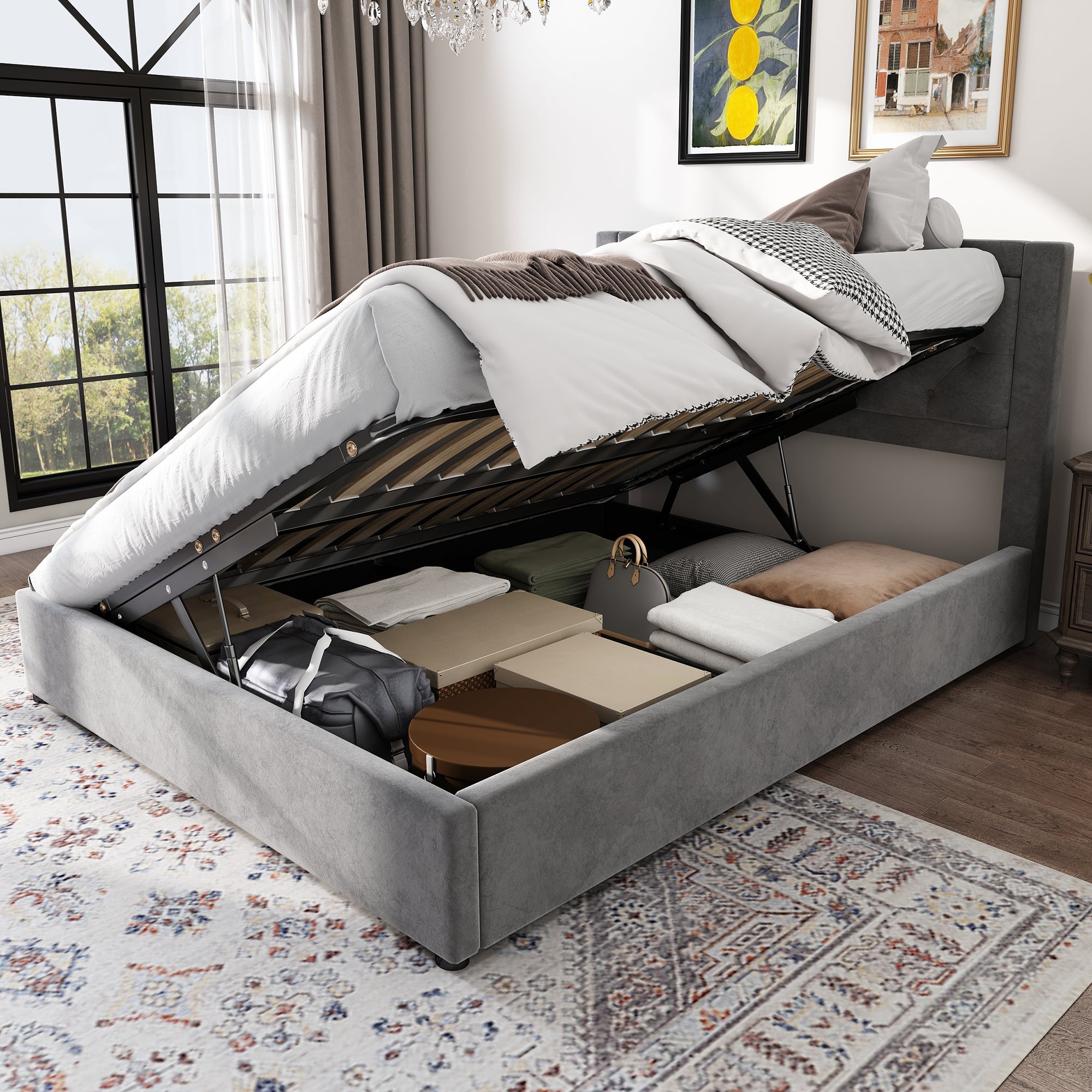 Upholstered Storage Bed with Chesterfield Headboard and Drawers, 140x200cm, Grey Velvet