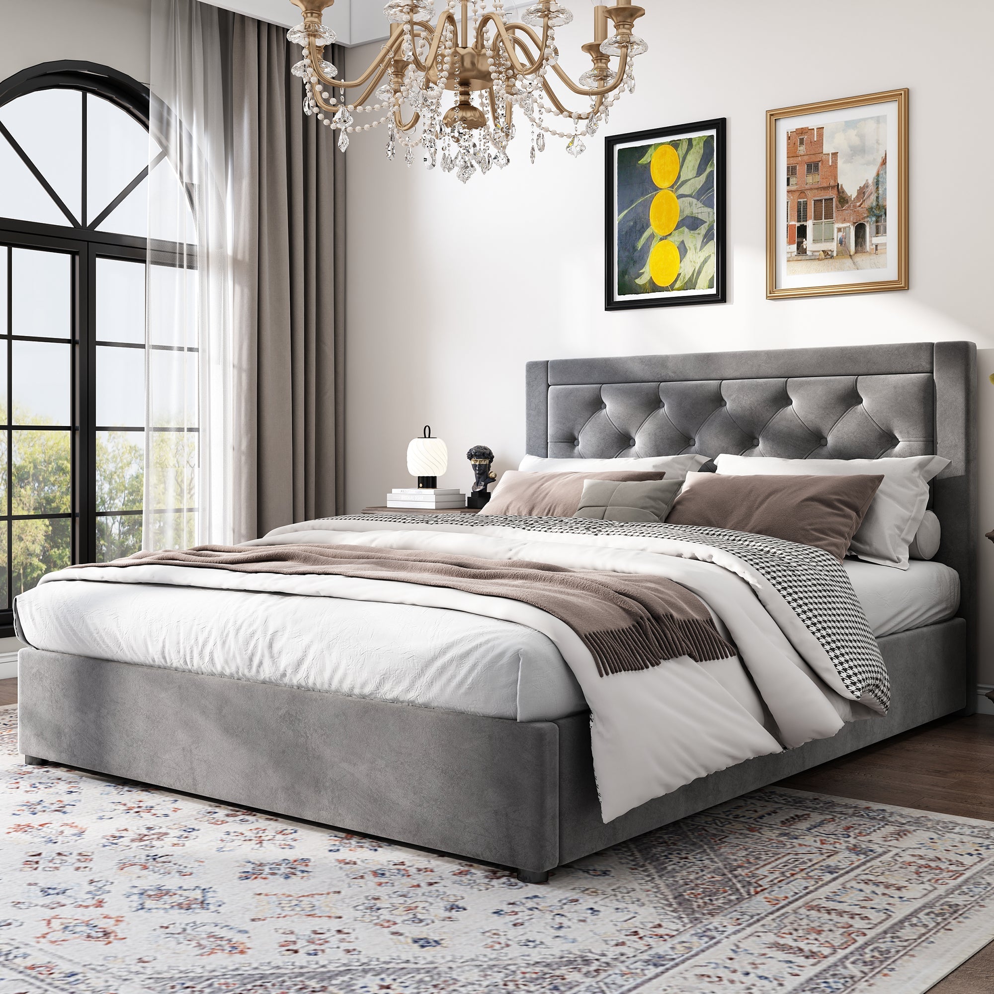 Upholstered Storage Bed with Chesterfield Headboard and Drawers, 140x200cm, Grey Velvet