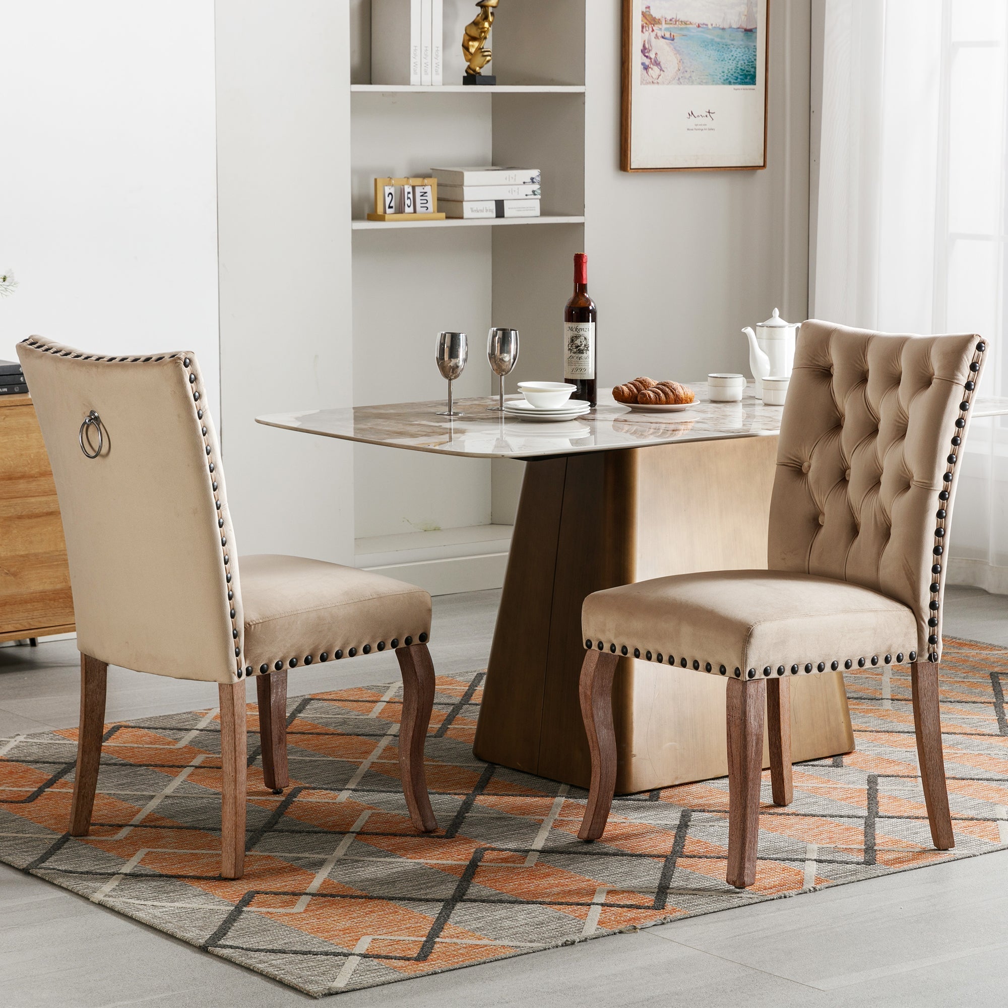 Dining Chair Set of 2 Door Knocker Back Nailhead Trim Light Camel Velvet