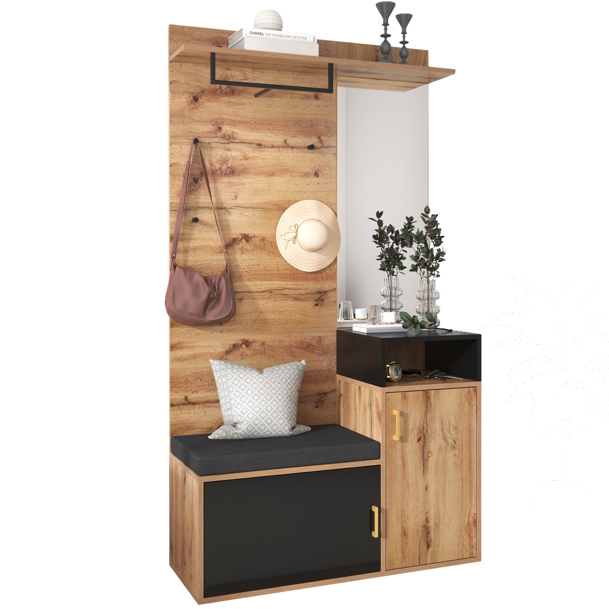 Wardrobe Set with 4 Coat Hooks, Mirror & Shoe Cabinet