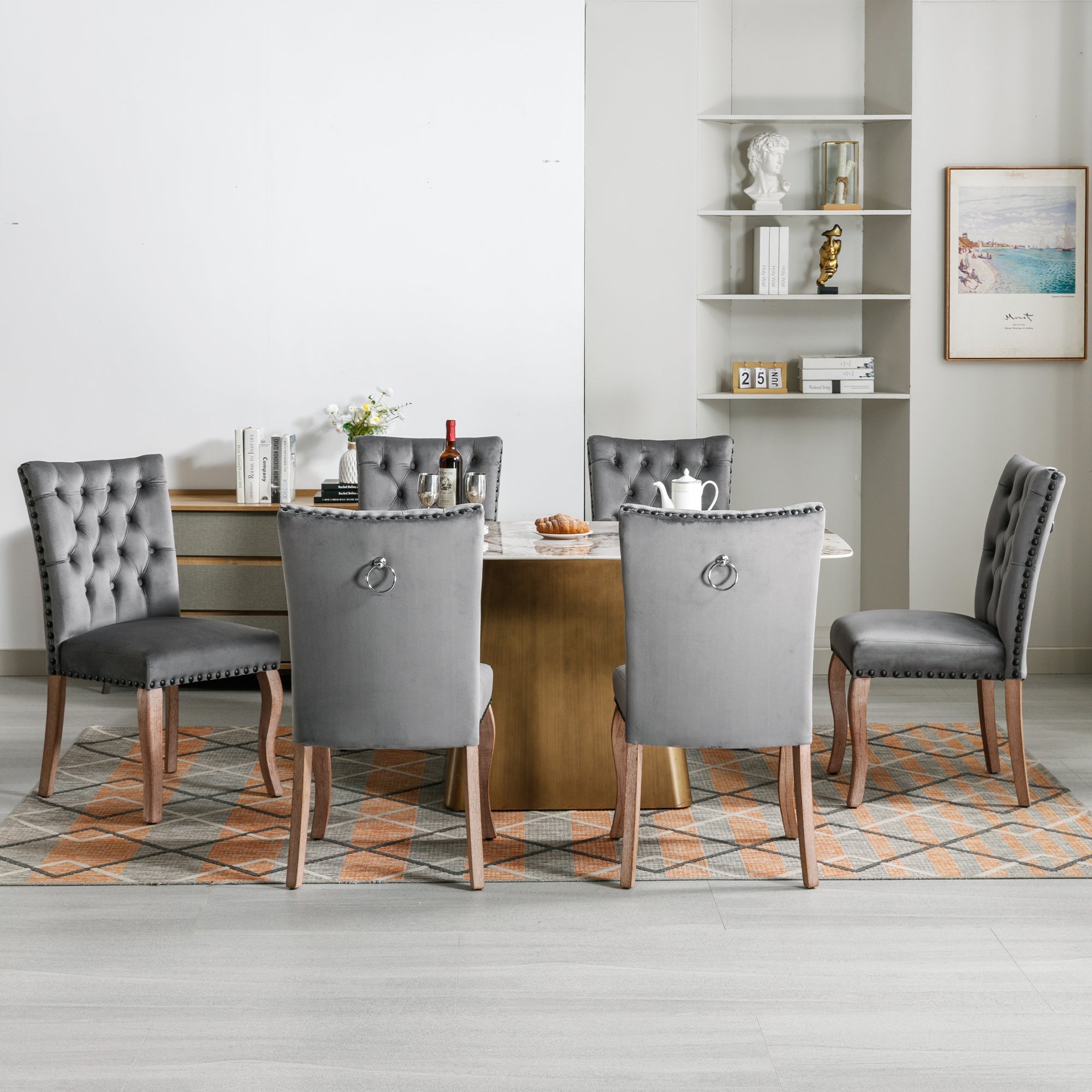 Dining Room Chair (set of 6), Upholstered with Nailhead Trim, Velvet Grey