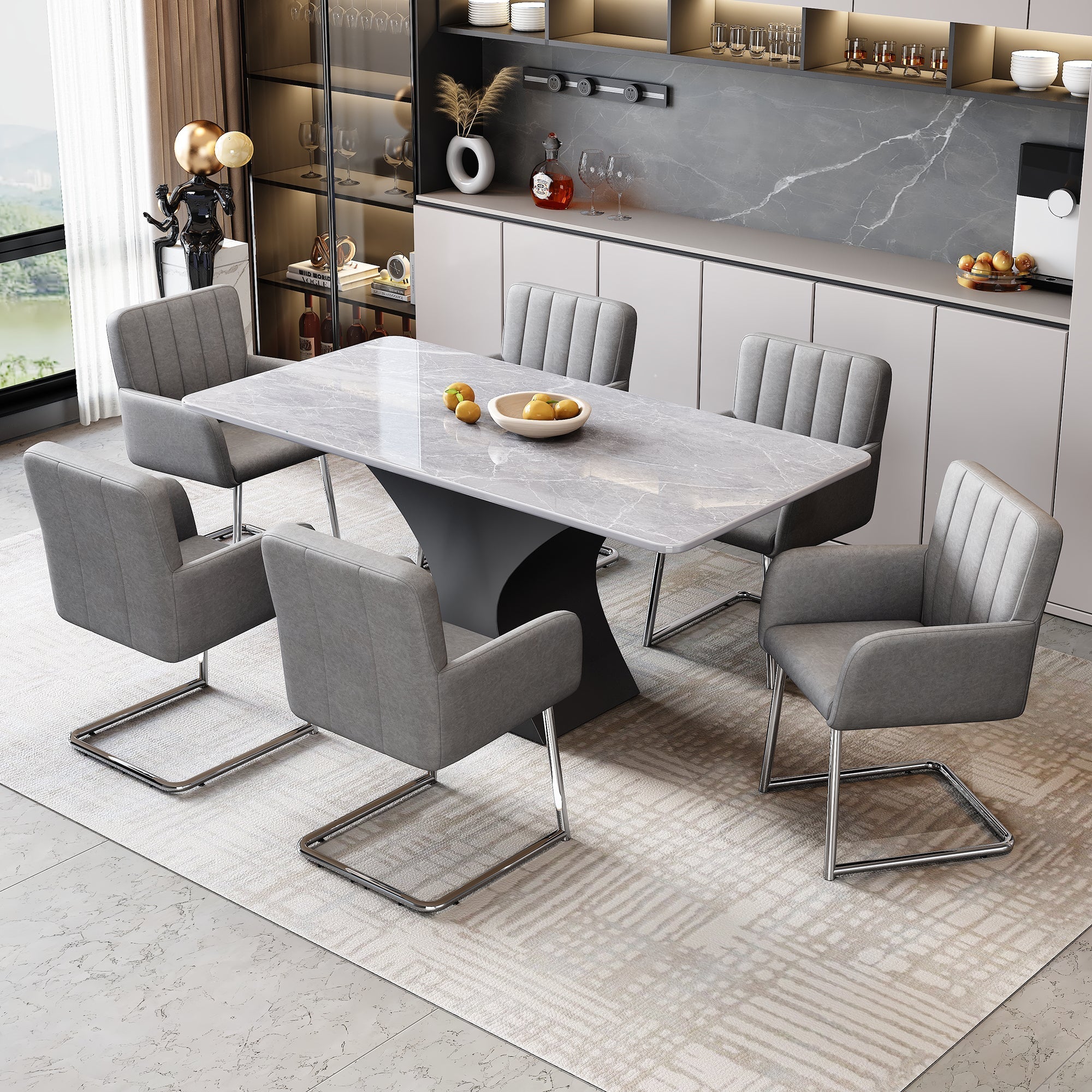Set of 2 Dining Chairs with Vertical Stripes and Zigzag Metal Legs, Grey Faux Leather