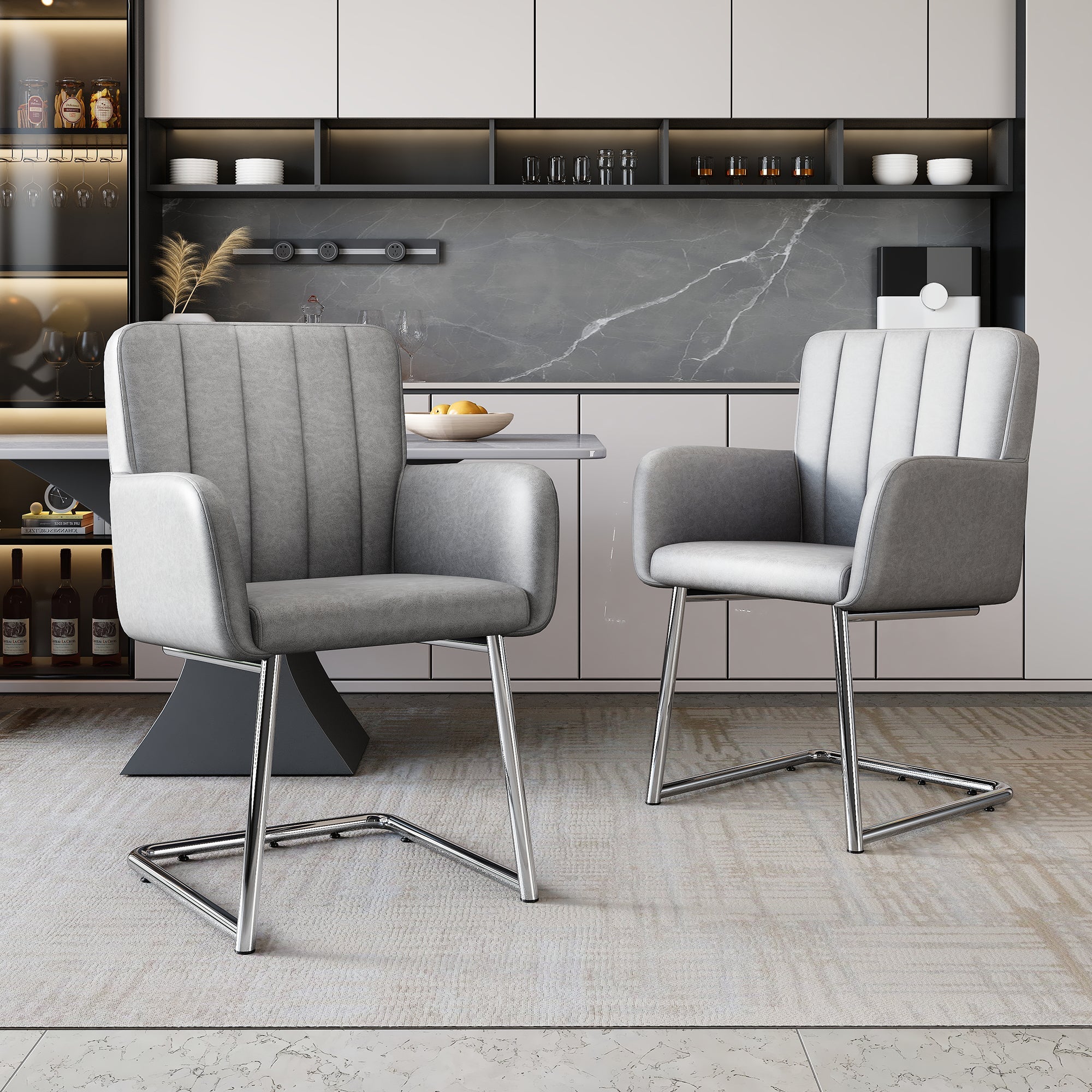 Set of 6 Dining Chairs with Vertical Stripes and Zigzag Metal Legs, Grey Faux Leather