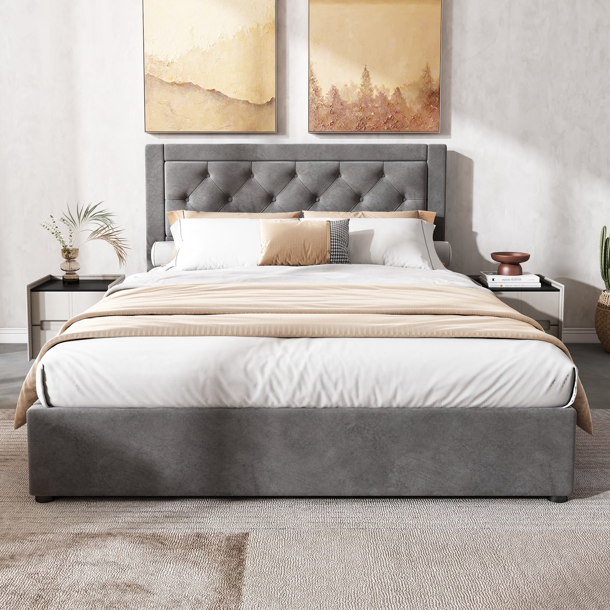 Upholstered Storage Bed with Chesterfield Headboard and Drawers, 140x200cm, Grey Velvet