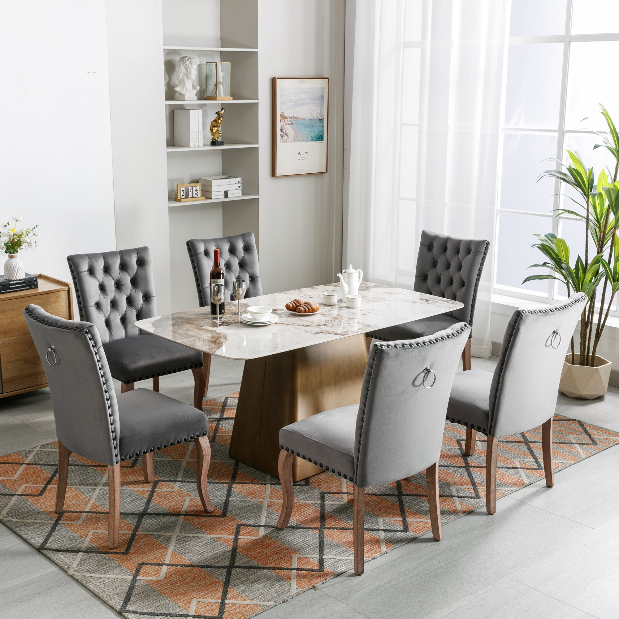 Dining Room Chair (set of 6), Upholstered with Nailhead Trim, Velvet Grey