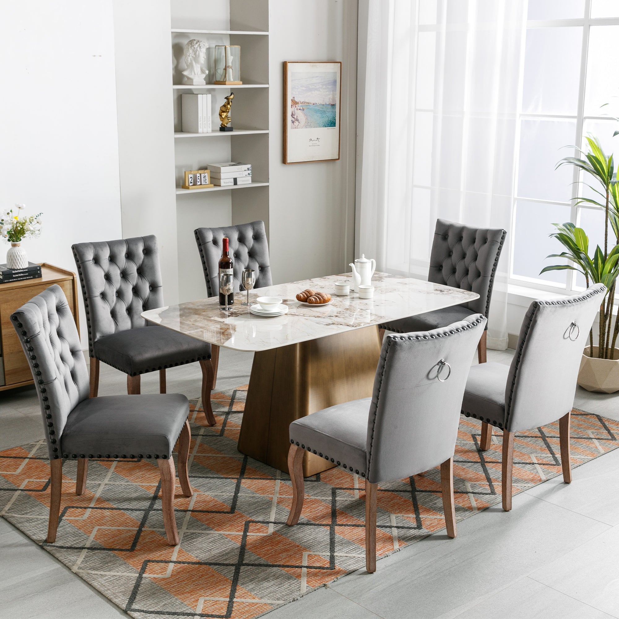 Dining Room Chair (set of 6), Upholstered with Nailhead Trim, Velvet Grey