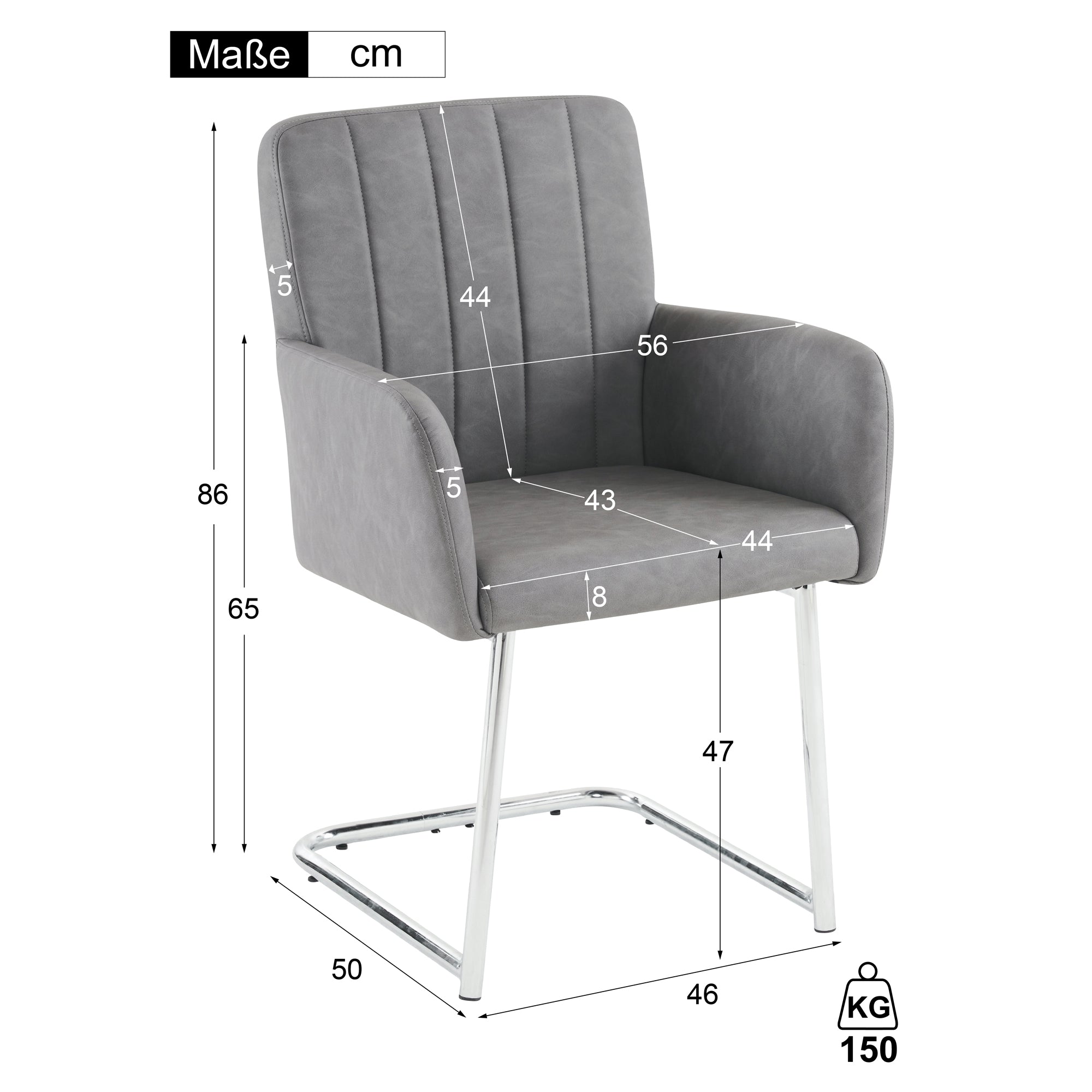 Set of 4 Dining Chairs with Vertical Stripes and Zigzag Metal Legs, Grey Faux Leather