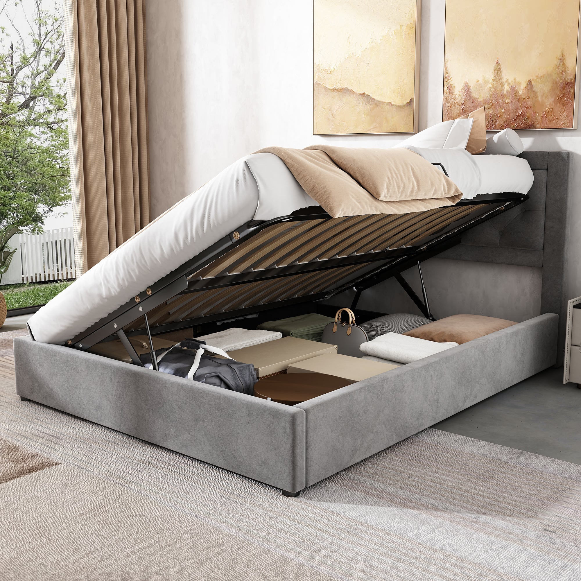 Upholstered Storage Bed with Chesterfield Headboard and Drawers, 140x200cm, Grey Velvet