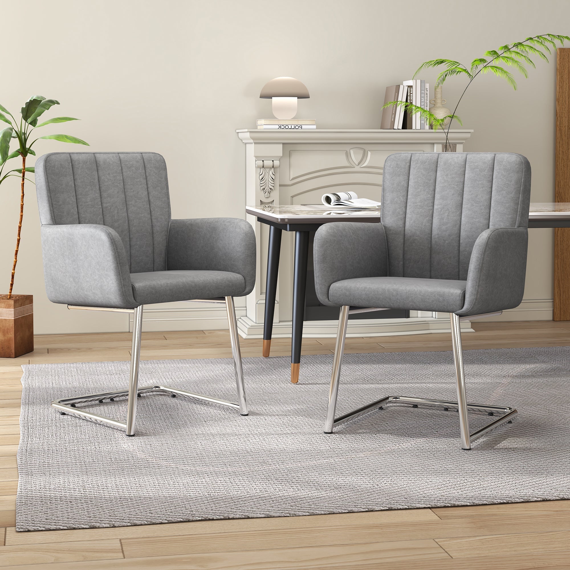 Set of 2 Dining Chairs with Vertical Stripes and Zigzag Metal Legs, Grey Faux Leather